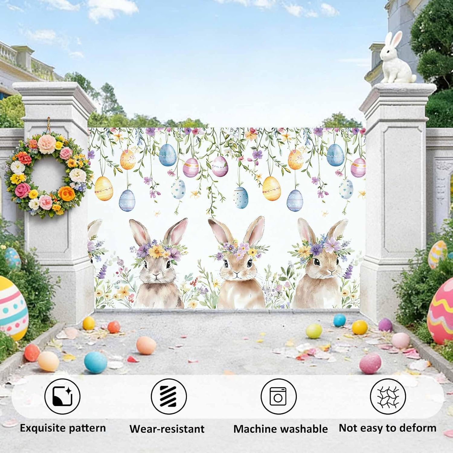 Easter Wreath Rabbits Garage Door Cover 7 x 16 FT, Vintage Colorful Eggs Spring Floral Leaf Garage Door Decorations Banner Hanging Backdrop for Indoor Outdoor House Patio Holiday Party