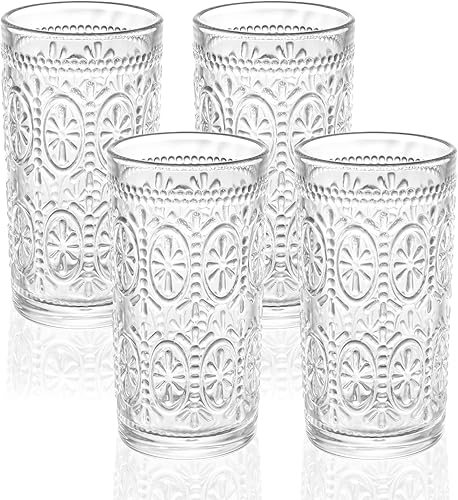 Juego de vasos vintage para beber  Vasos de vidrio transparente Highball  Cristalería retro en relieve para agua, cócteles, jugo, leche  Vidrio
