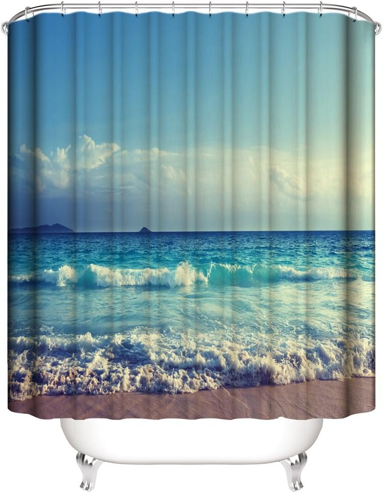 iiHOME Sea Beach Shower Curtains 3D Shower Curtain Printing Digital Bath Decorations with Blue Sea Beach Scene, Bathroon Shower Curtains with Hooks, Beach Scene Shower Curtains,59x70 Inches