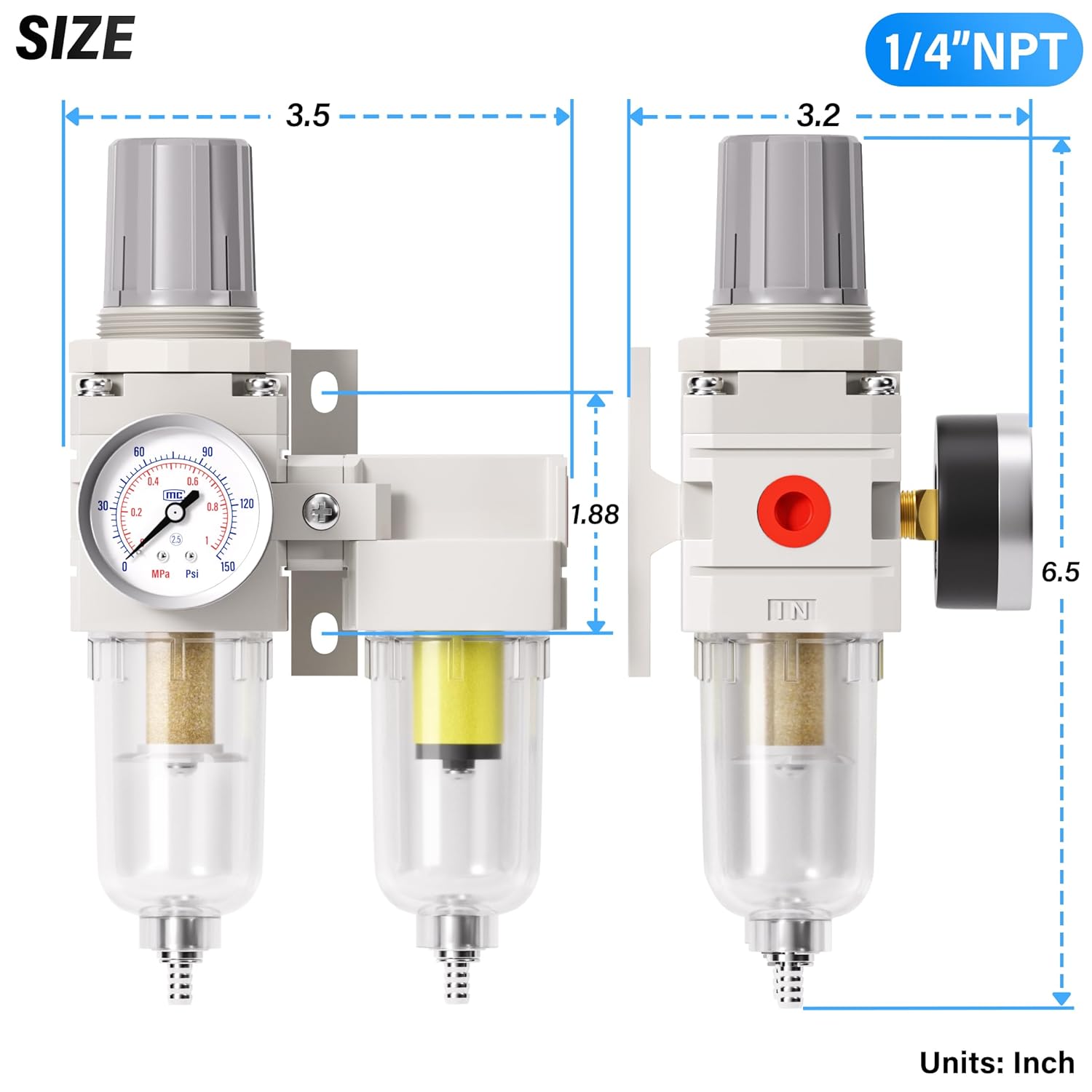 TAILONZ PNEUMATIC 0-150PSI 1/4 Inch NPT Particulate Filter+Coalescing Filter Air Filter Pressure Regulator Combo Piggyback, Air Tool Compressor Filter (Semi-Auto Drainage）
