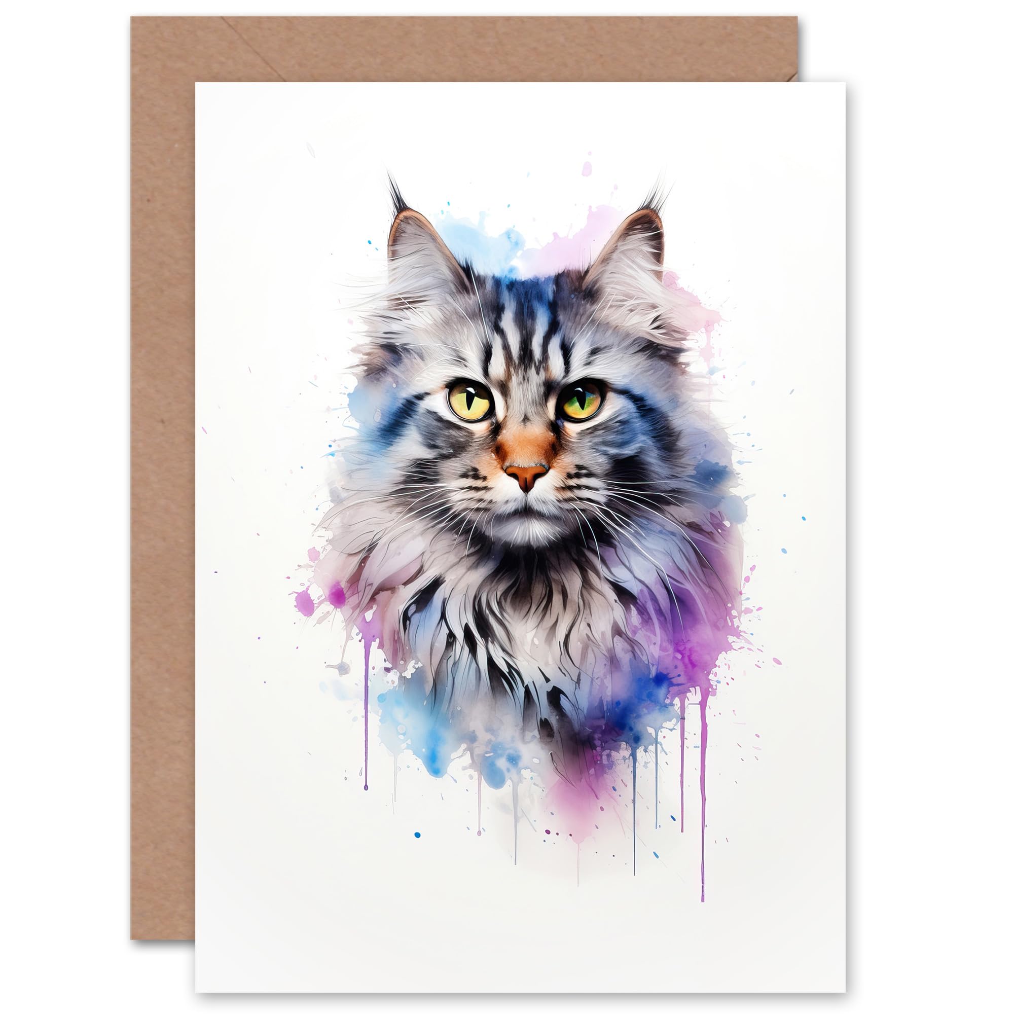 Artery8 Siberian Cat Watercolour Pet Portrait Greeting Card