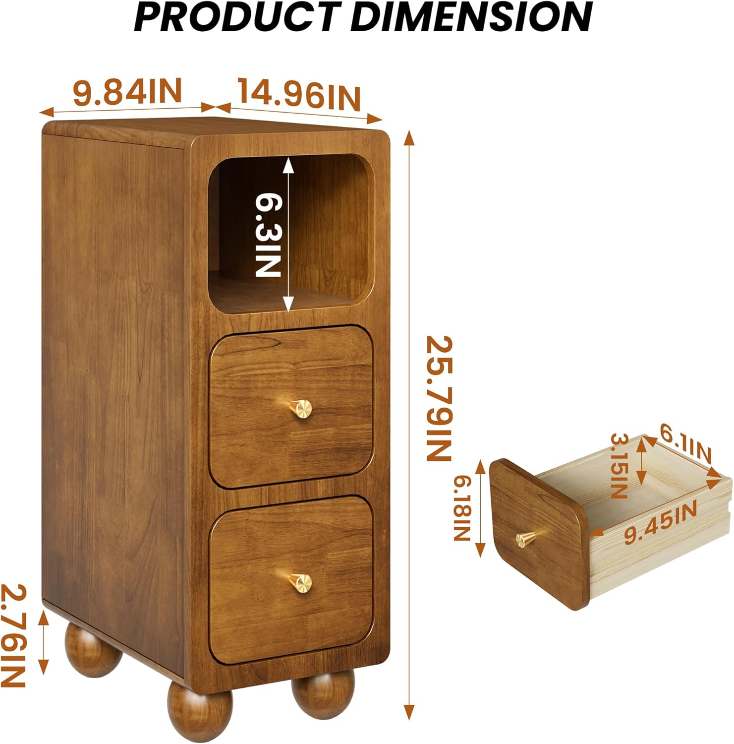 Narrow Nightstand with 2 Drawers, 10" Small Solid Wood Night Stand with Open Shelf, Walnut Mid Century Modern Nightstand, Slim Bedside Table for Small Spaces, Bedroom, Study, Office