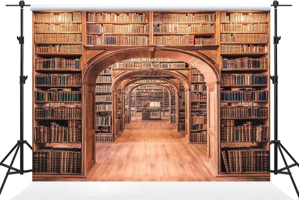KIKIDOR Library Bookshelf Backdrop Vintage Wood College Library Study Room Ancient Books Archway Photography Background Video Conference Graduation