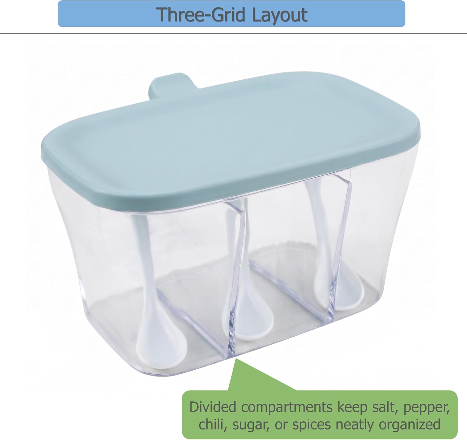 EIKS Clear Seasoning Box with 3‑Grid for Salt Pepper Chili Sugar Spices During Cooking Baking and Food Prep, Keeps Ingredients Fresh Organized and Ready