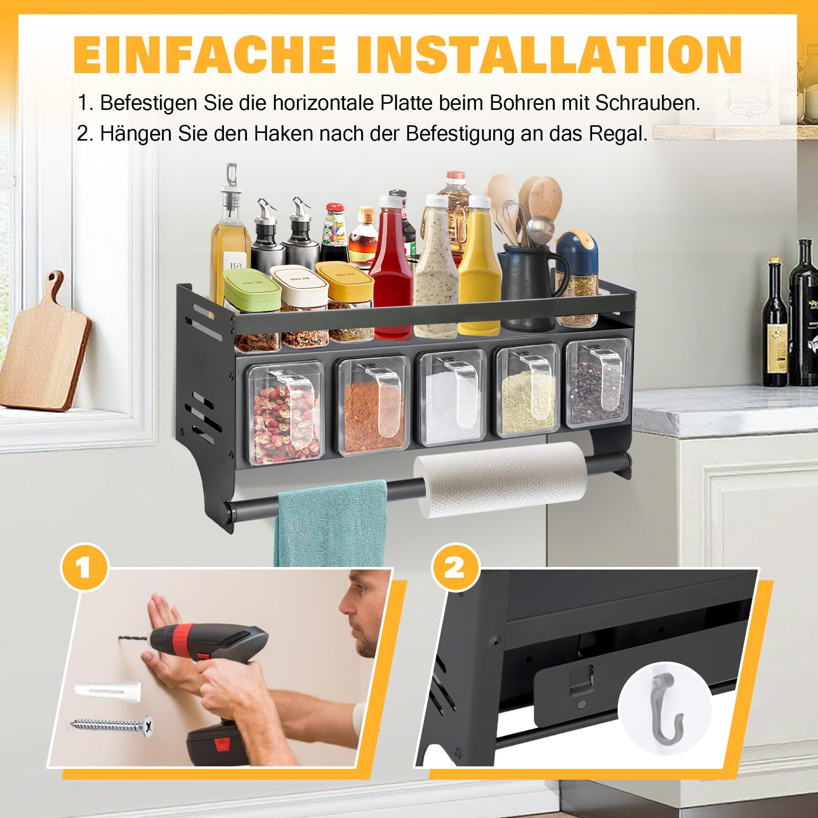 Estantería para especias con botes de especias, estantería de cocina de pared sin necesidad de taladrar, juego de combinación de organizador de cocina y estante de almacenamiento, estante para