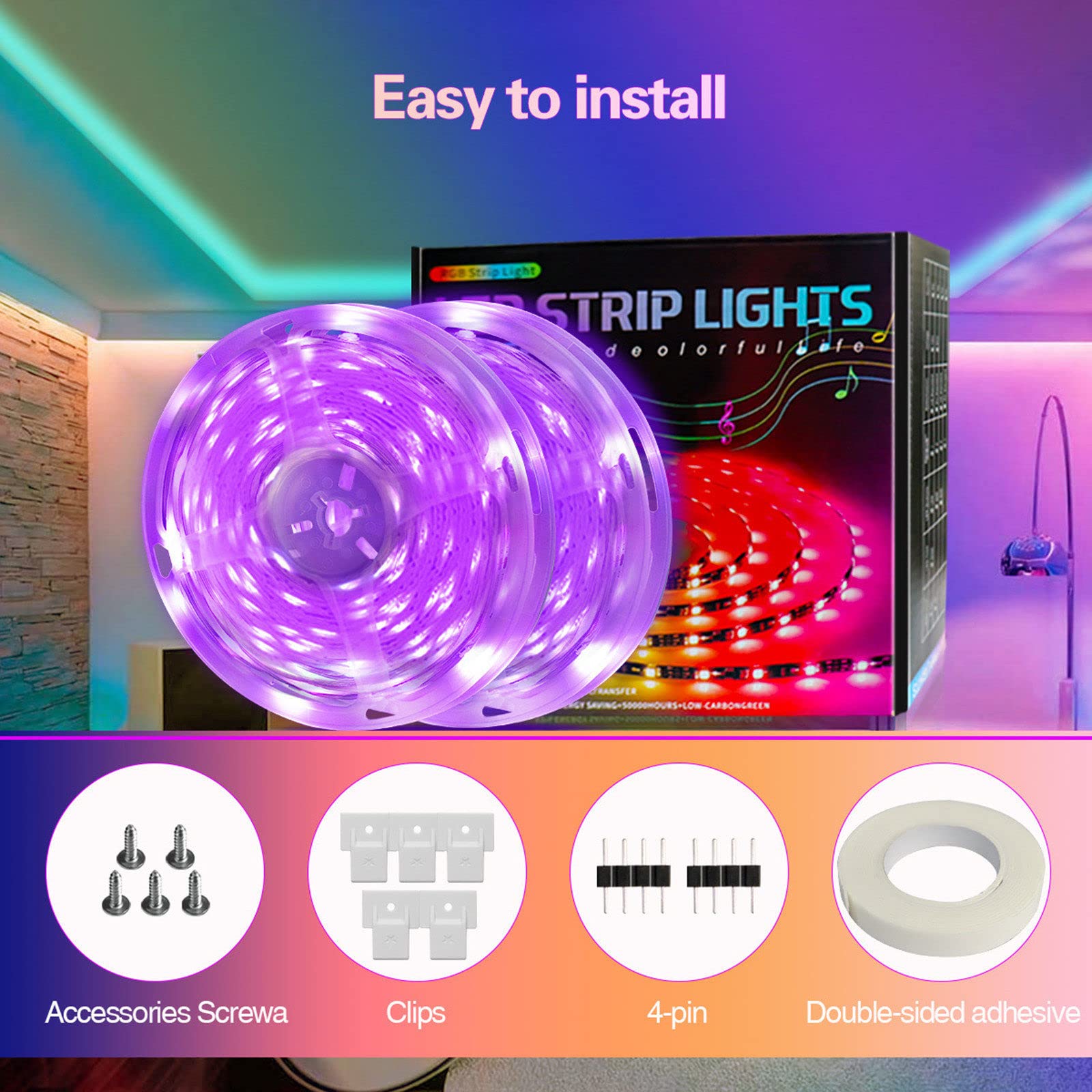 Striscia LED a Luce Ambientale 12v, Set di Strisce Luminose Intelligenti per Interni, Striscia Luminosa Colorata con Telecomando (15 m/20 m),15m