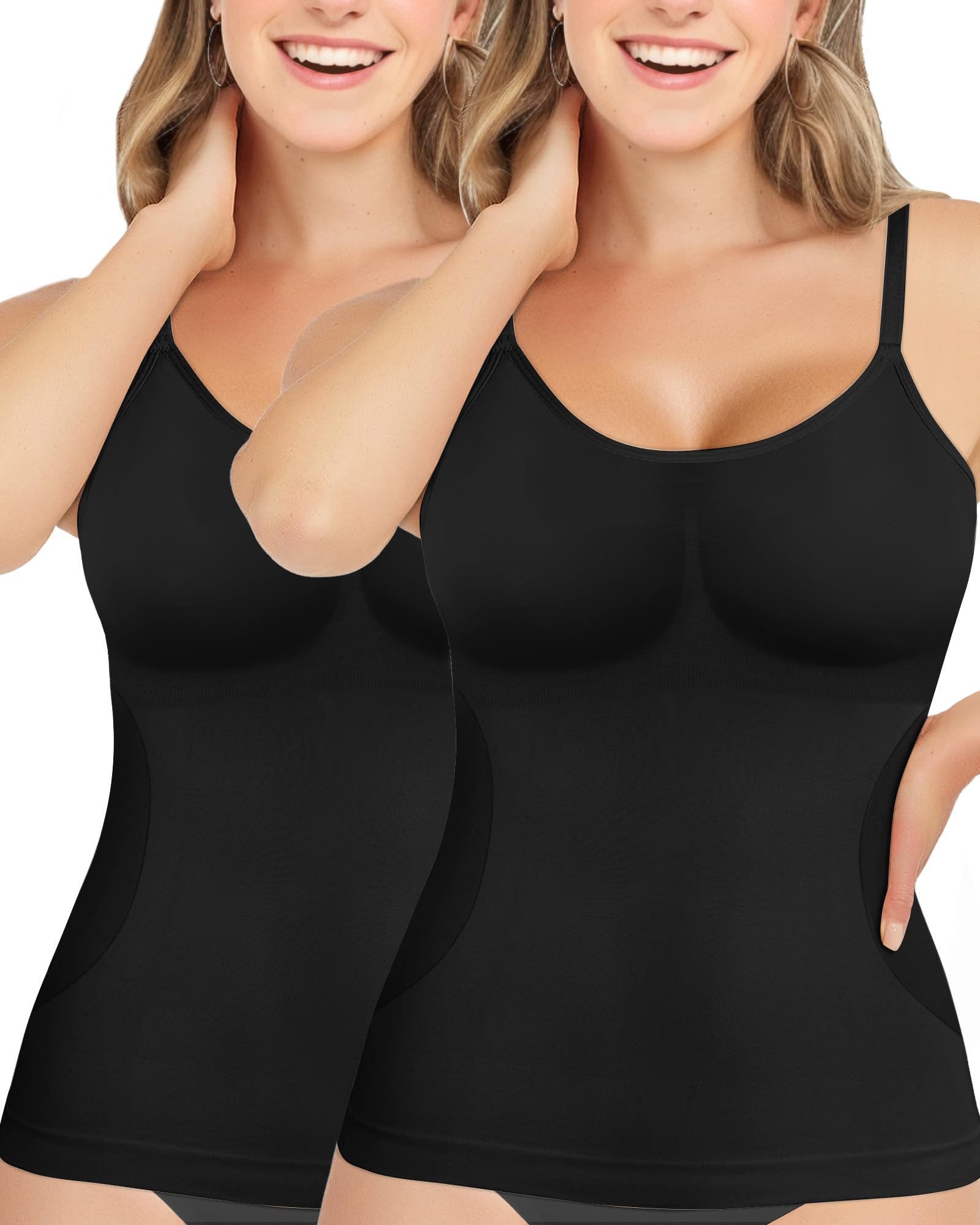AURUZA 2PCS Womens Shapewear Tummy Control Scoop Neck Camisole Tops for Women Seamless Compression Tank Top Plus Size, Black+Black, Large