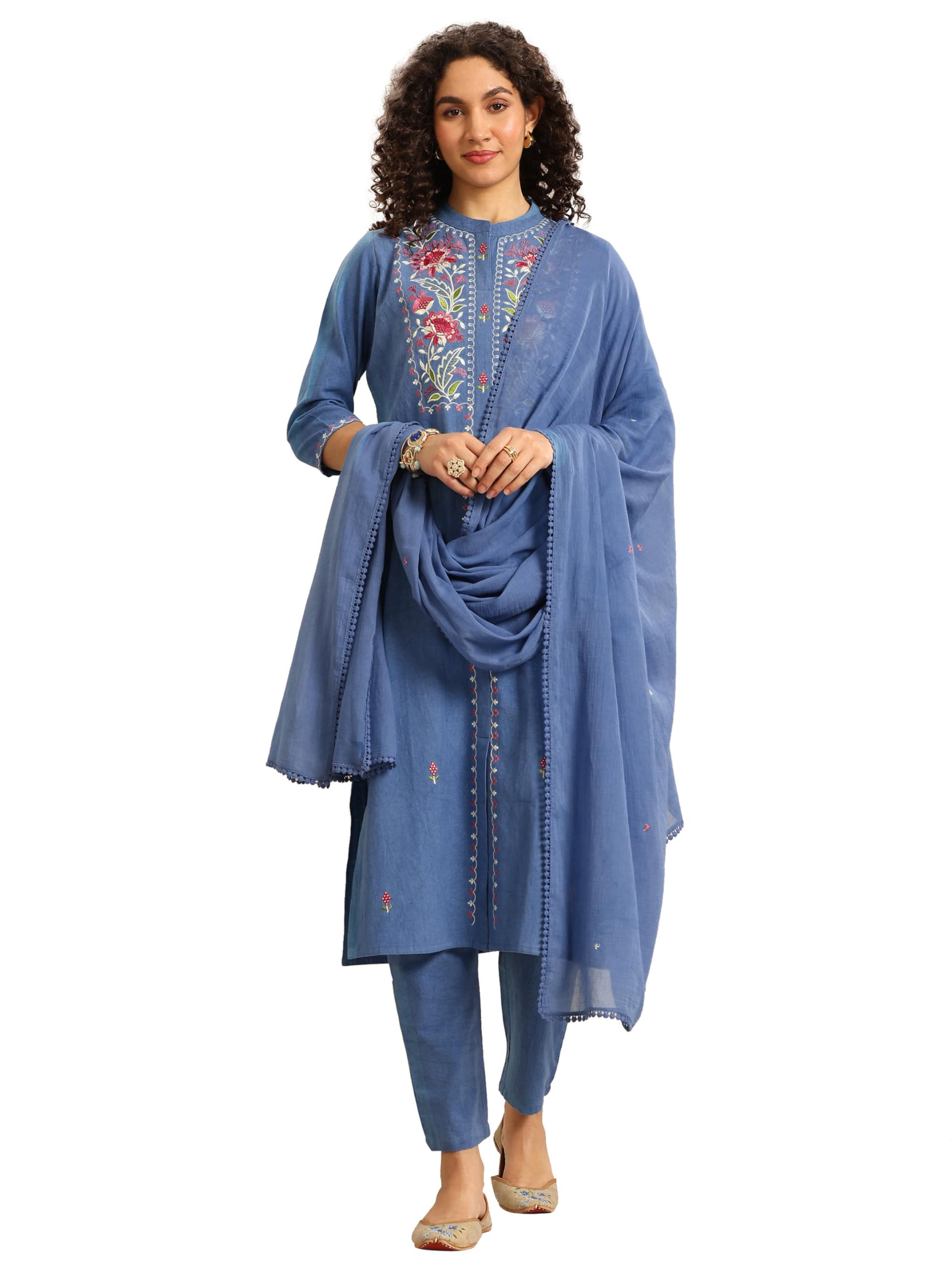 Embroidered Cotton Straight Kurta With Trouser and Dupatta-image-25