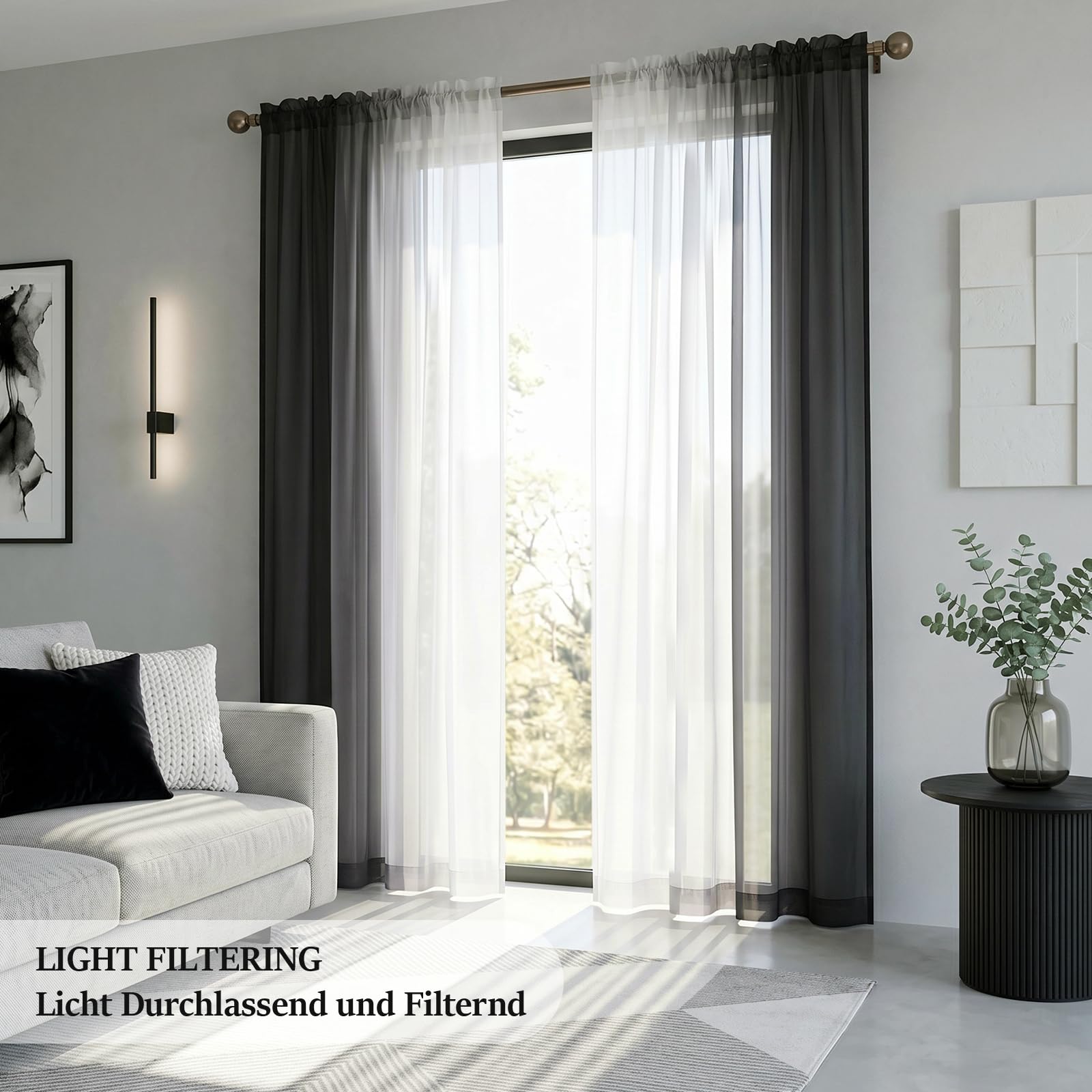Melodieux Visillos Cortinas Transparentes Degradadas 2 Piezas, 140x260cm Negro/Blanco