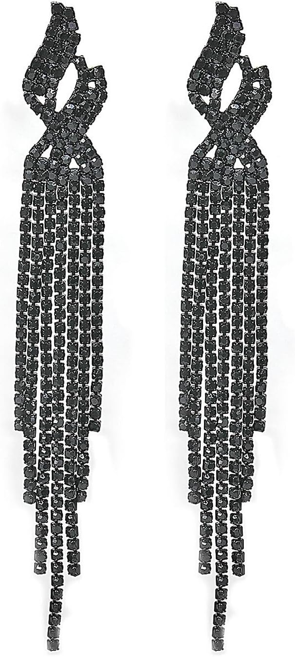 Long Rhinestone Tassel Statement Earrings for Women Bohemia Crystal Flower Leaf Dangle Earrings Minimalist Exaggerated Zircon Earrings Prom Jewelry (Black) - Image 7