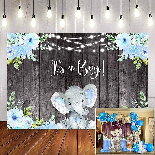 Avezano Telón de fondo de elefante para niños, decoración de fondo de baby shower para niño, diseño rústico de madera gris con texto en inglés "It's