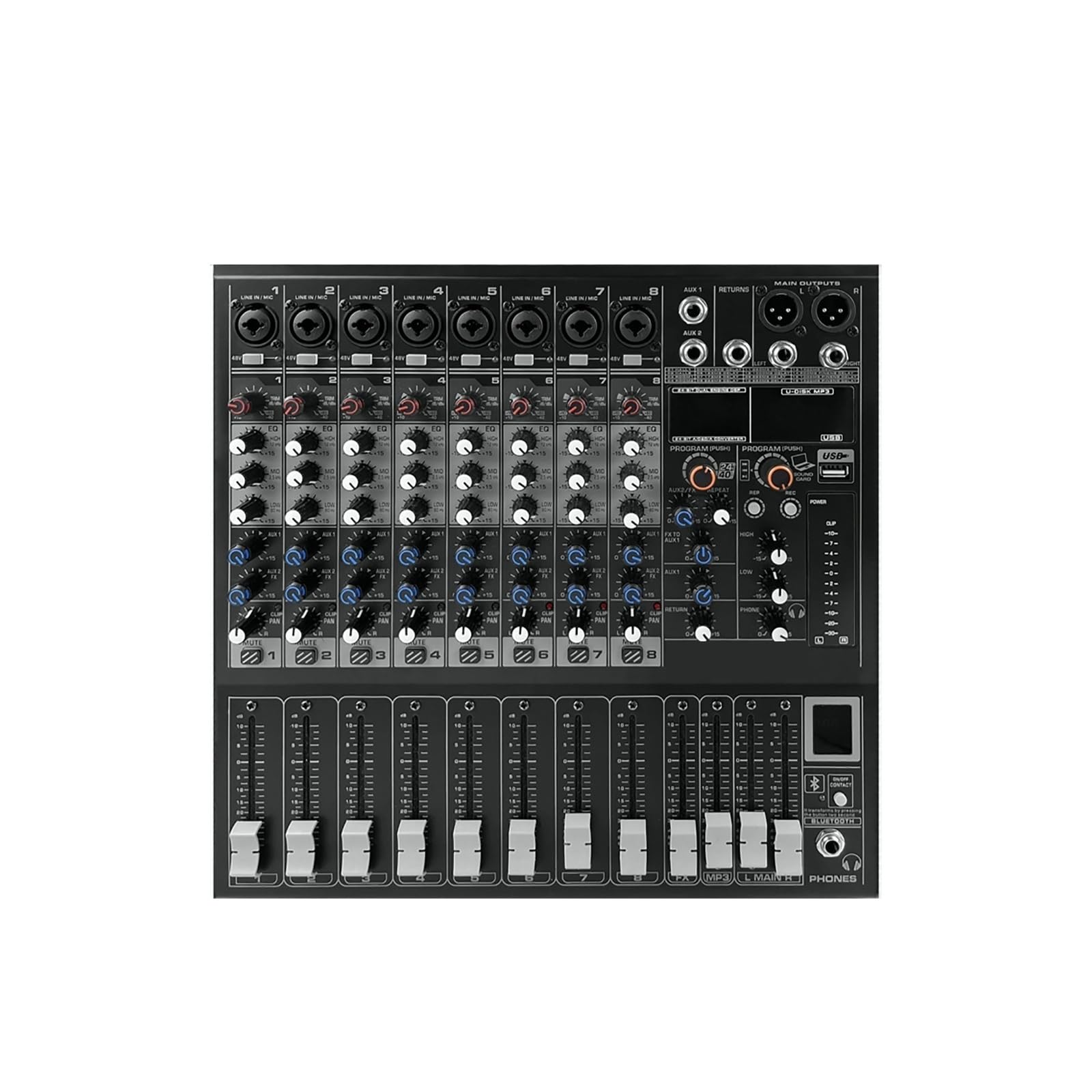 Mezclador de audio, Mezclador DJ de 8 canales con 16 efectos reverberación DSP BT 5.0 USB for grabación en PC Micrófonos Para karaoke en estudio
