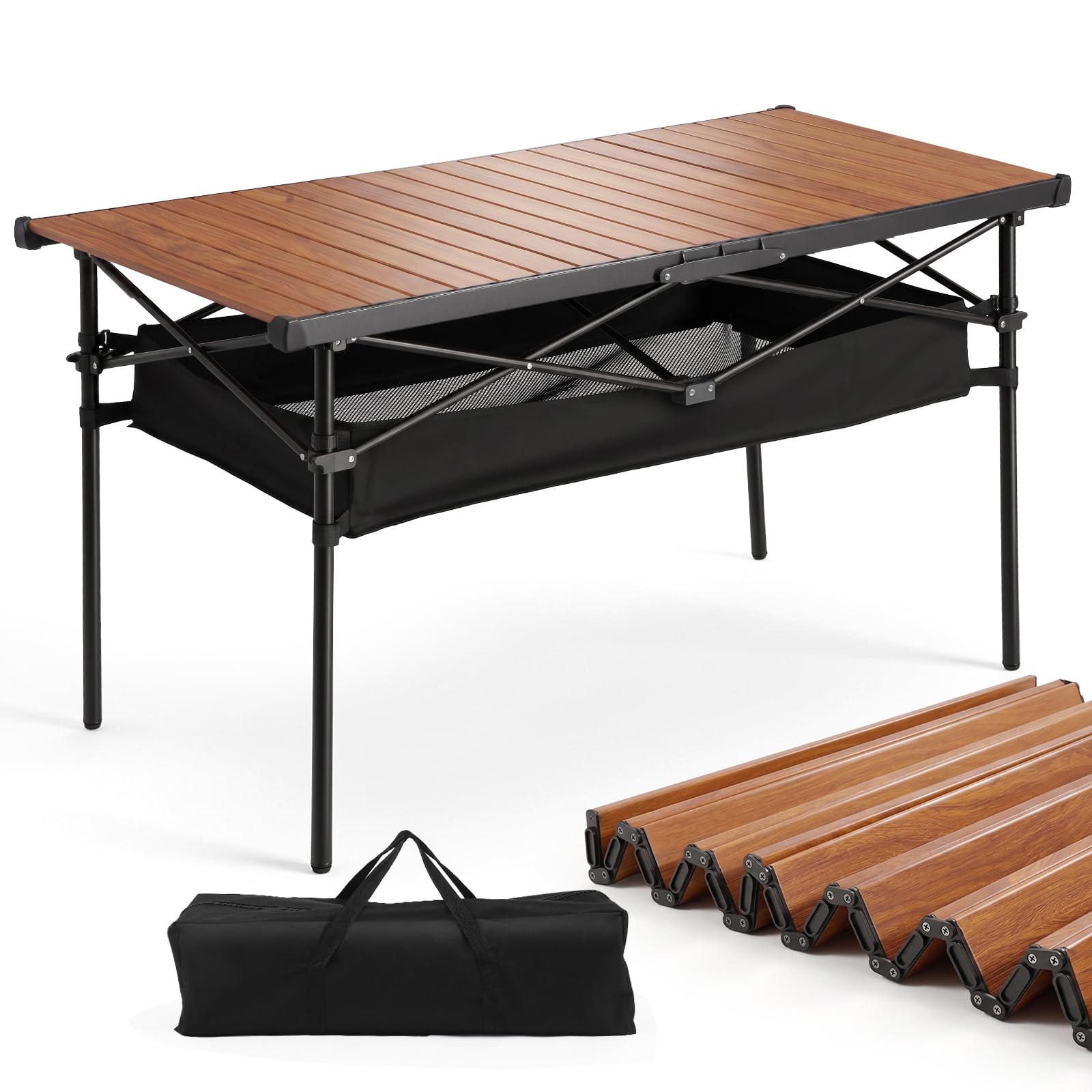 Sekey Campingtisch Faltbar, 120x60x69cm, Aufrollbare Tischplatte Klapptisch mit Aluminiumrahmen bis 30kg, Tragbar Falttisch Klappbar inkl. Tragetasche mit Netztasche, Holz-Optik