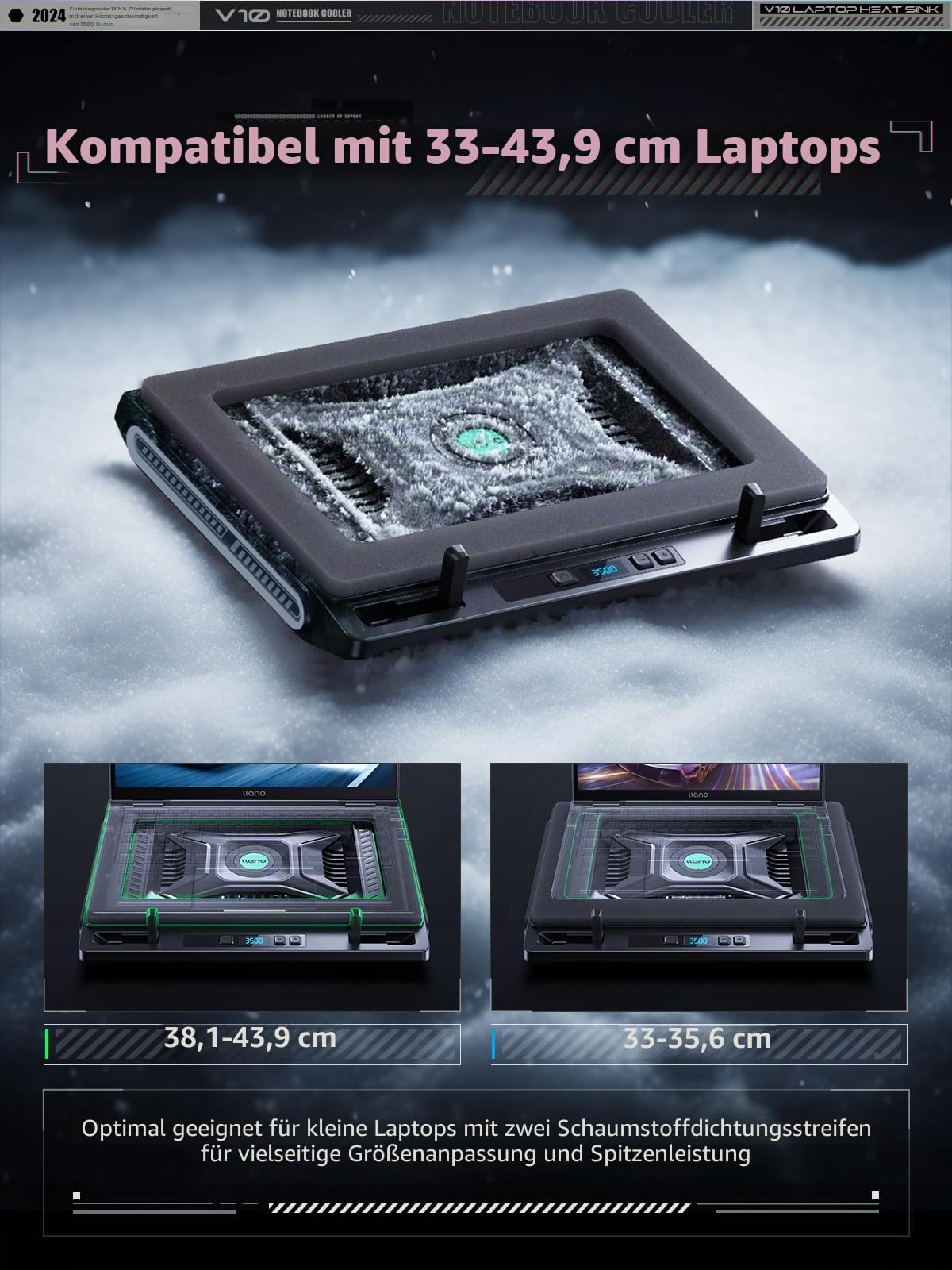 llano Gaming Laptop Kühler Kühlpad mit 3500RPM Turbofan 4,72'' externem Lüfter Ständer verstellbare Geschwindigkeit Tastensteuerung Dichtschaum schnelle Kühlung Laptops 13-17,3'' KEIN RGB NO Ports
