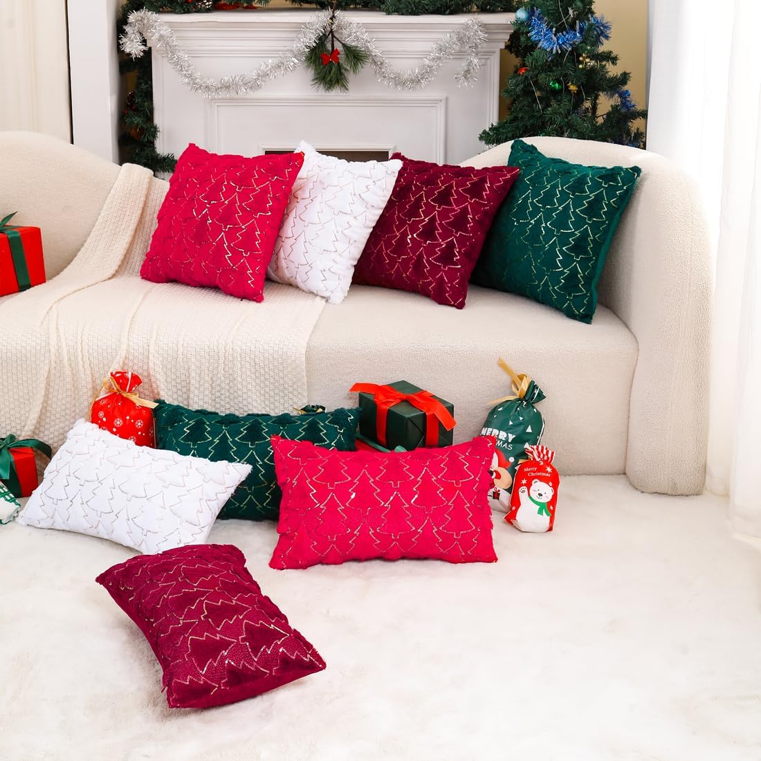 VAKADO Christmas Throw Pillow Covers 26x26 Set of 2 Embroidered Decorative Xmas Cushion Cases Holiday Soft Home Decor for Bedroom Sofa Chair Porch Winter, Green