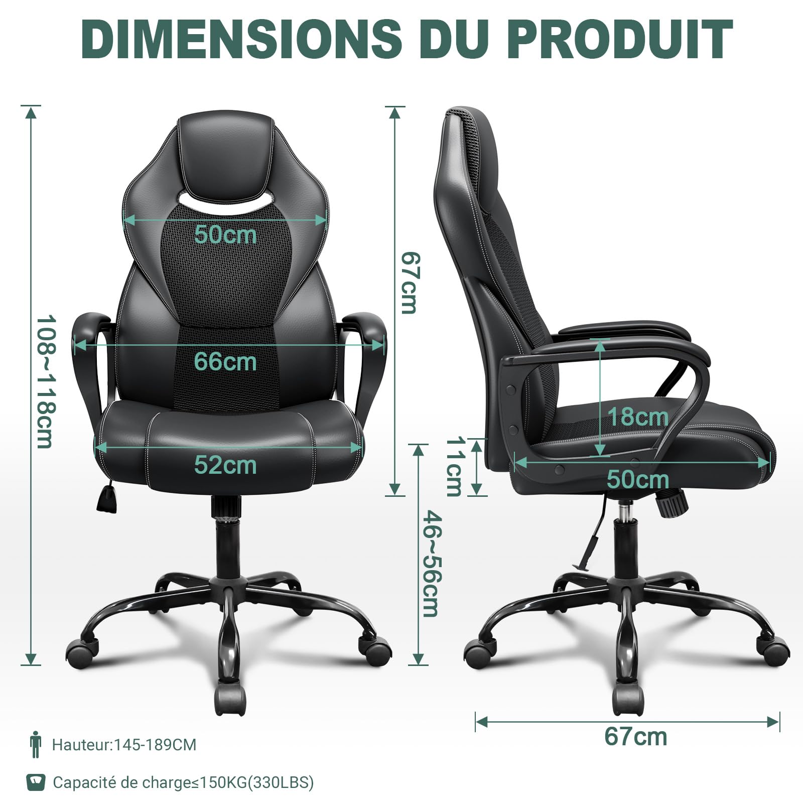 Fauteuil de Bureau Confortable en Cuir PU 150kg, Chaise Ergonomique avec Accoudoirs Rembourrés et Fonction Bascule, Noir Pivotant