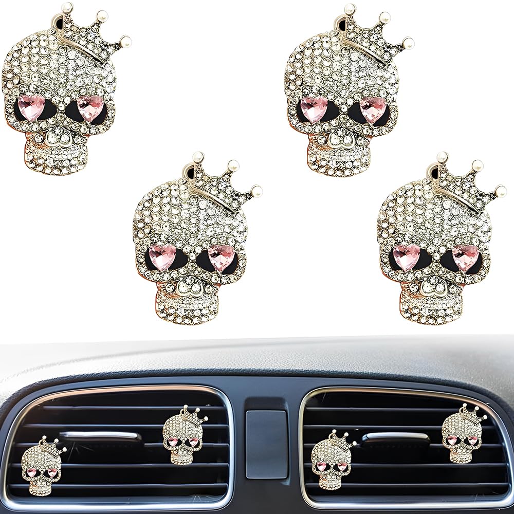 4 Pcs Bling Diamond Crystal Skull Air Fresheners Car Diffuser Vent Clip Rhinestone Decoration Car Accessories Adapt for Festival Decoration (White)