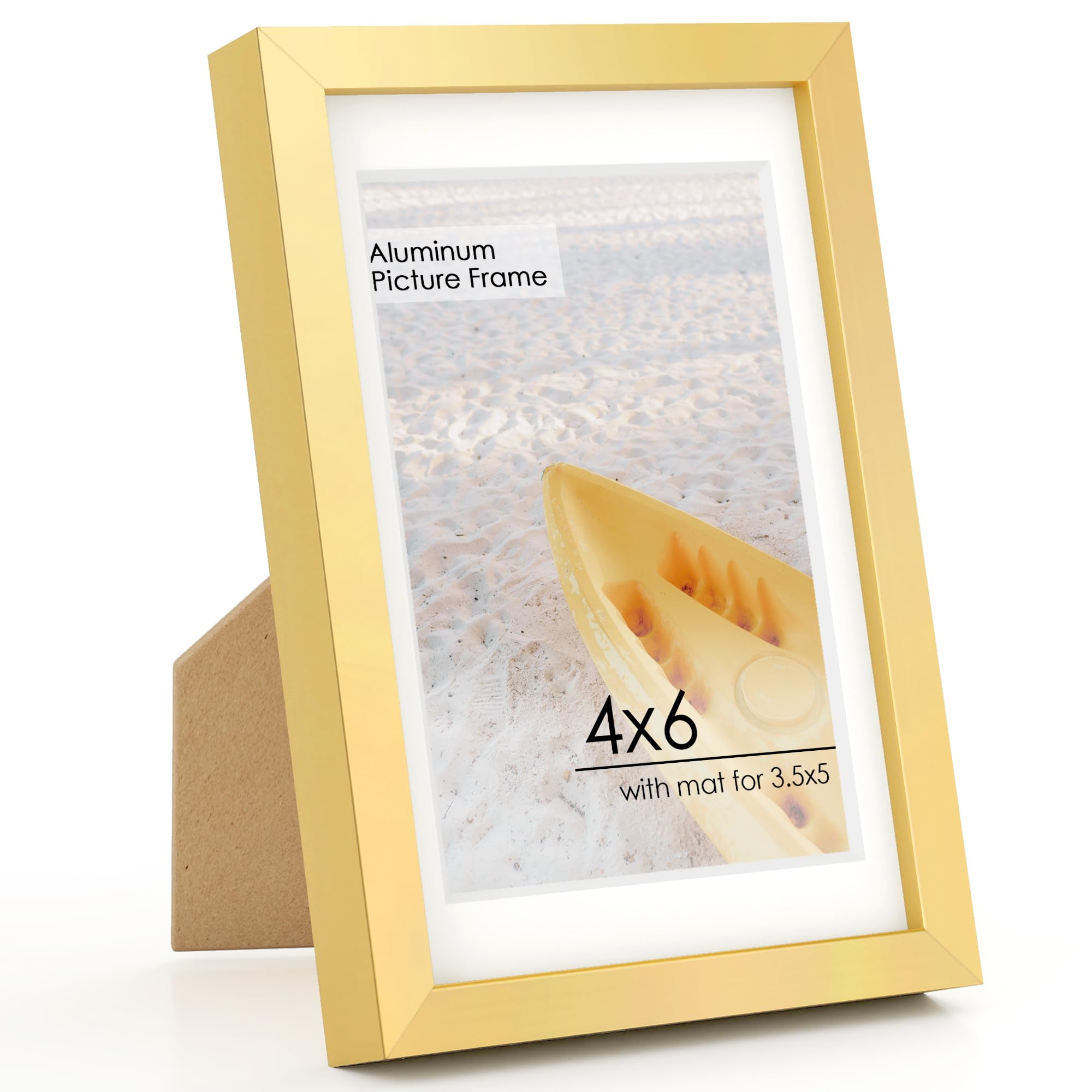 FLYJOE 4x6inch Picture Frame | Metal 4x6 Frame With Mat For 3.5x5 | 4 x 6 Aluminum Photo Frame | Plexiglass And Hanging Hardware Included | 4 By 6 Picture Frame | Gold — image 1