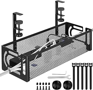 Under Desk Cable Management Tray No Drill, Metal Mesh Cable Management Under Desk with Clamp Mount, Wire Management Tray, Cord Organizer for Home Office, Black