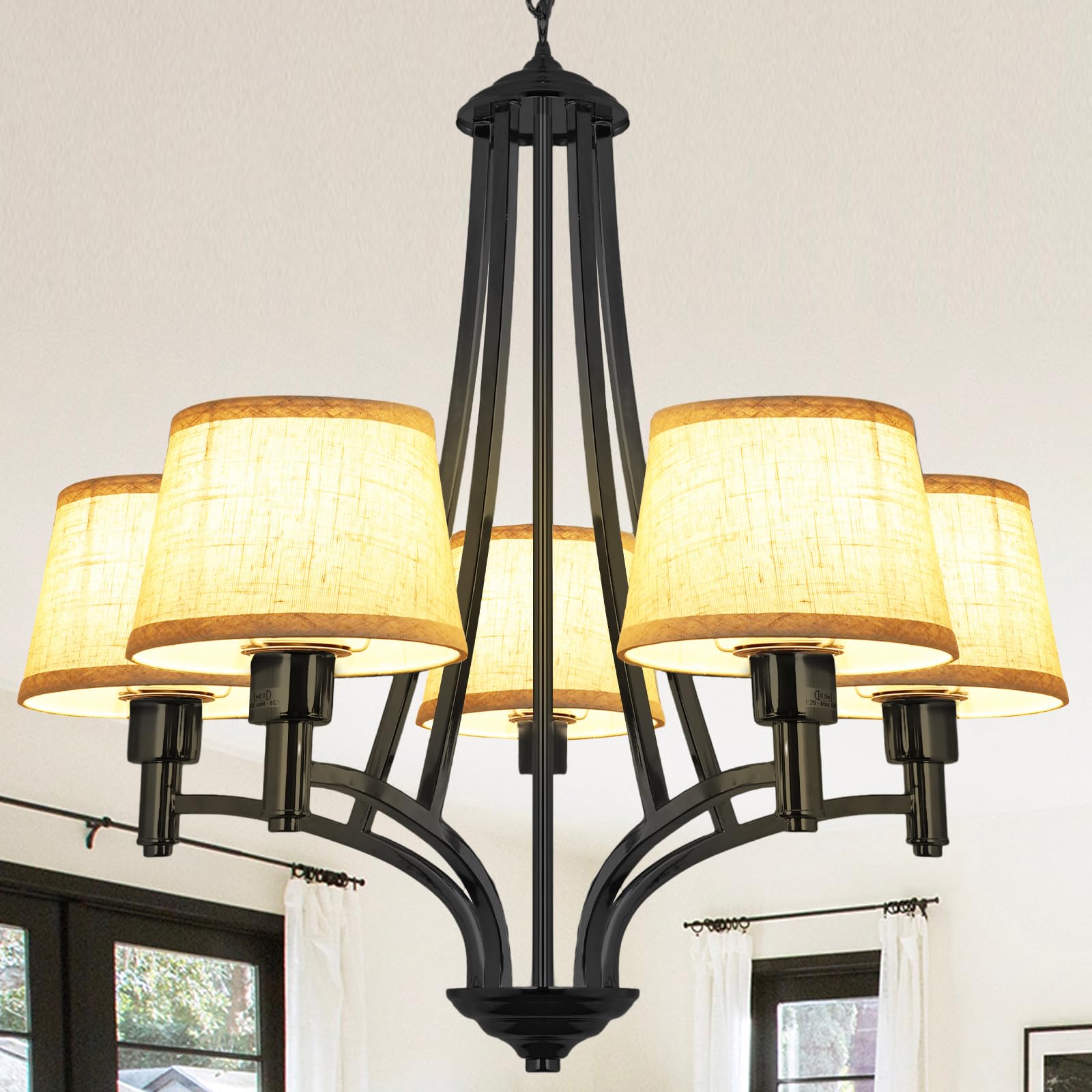 Depuley 5-Light Black Farmhouse Chandelier with Shade, 26" Rustic Industrial Chandelier with Fabric Lampshade, Adjustable Hanging Lighting Fixtures for Living Room Kitchen(Bulb Not Included)