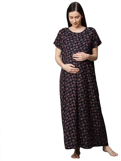 MomToBe Women's Cotton Blend Maxi Maternity Nighty/Feeding Nighty/Pregnancy Night Gown/A-Line Nursing Nighty with Zippers ...