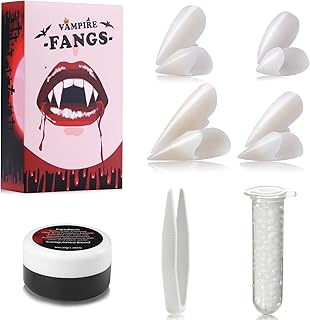 4 Pieces Vampire Teeth Fangs with Vampire Blood Makeup Kit，4 Sizes Custom Fangs Vampire Teeth with Reusable Adhesive for Halloween Cosplay Party Favors Props Supplies