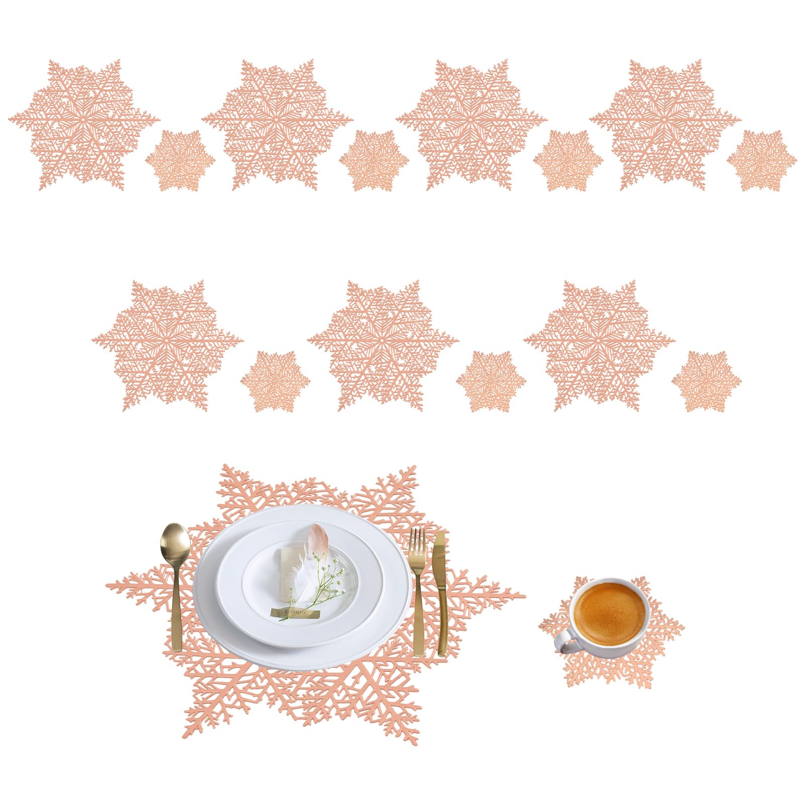 AYSYR Christmas Placemats and Coaster Sets - 7 Pcs Gold Placemats and 7 Pcs Matching Coaster Reusable,Place Mats for Table Washable,Christmas Table Mats Decoration for Restaurant Party (Rose Gold)
