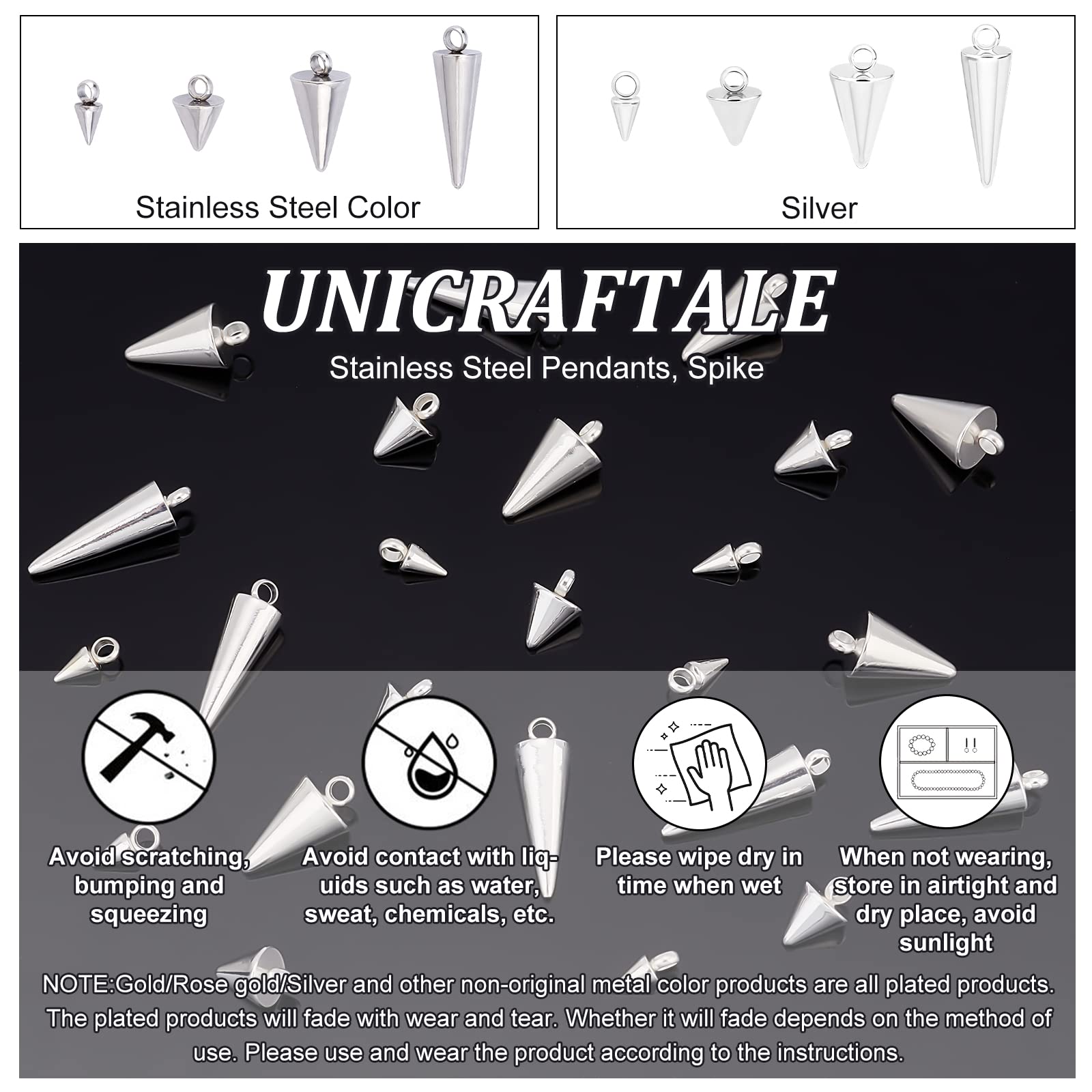 UNICRAFTALE about 24pcs 4 Sizes Spike Hypoallergenic Pendants Silver Stainless Steel Metal Punk Style Charm Cone Pattern Pendants for DIY Necklaces Jewelry Making 6.5~18mm - Image 3