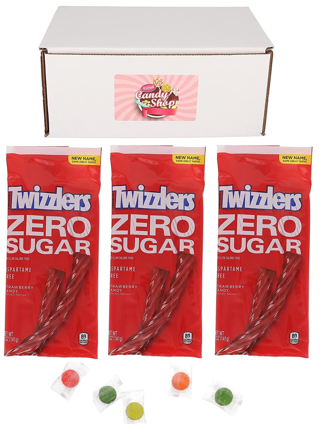 SECRET CANDY SHOPSugar Free Candy Twizzlers Strawberry Twists (Pack of 3) + 5 Free Eda's Sugar Free Hard Candy
