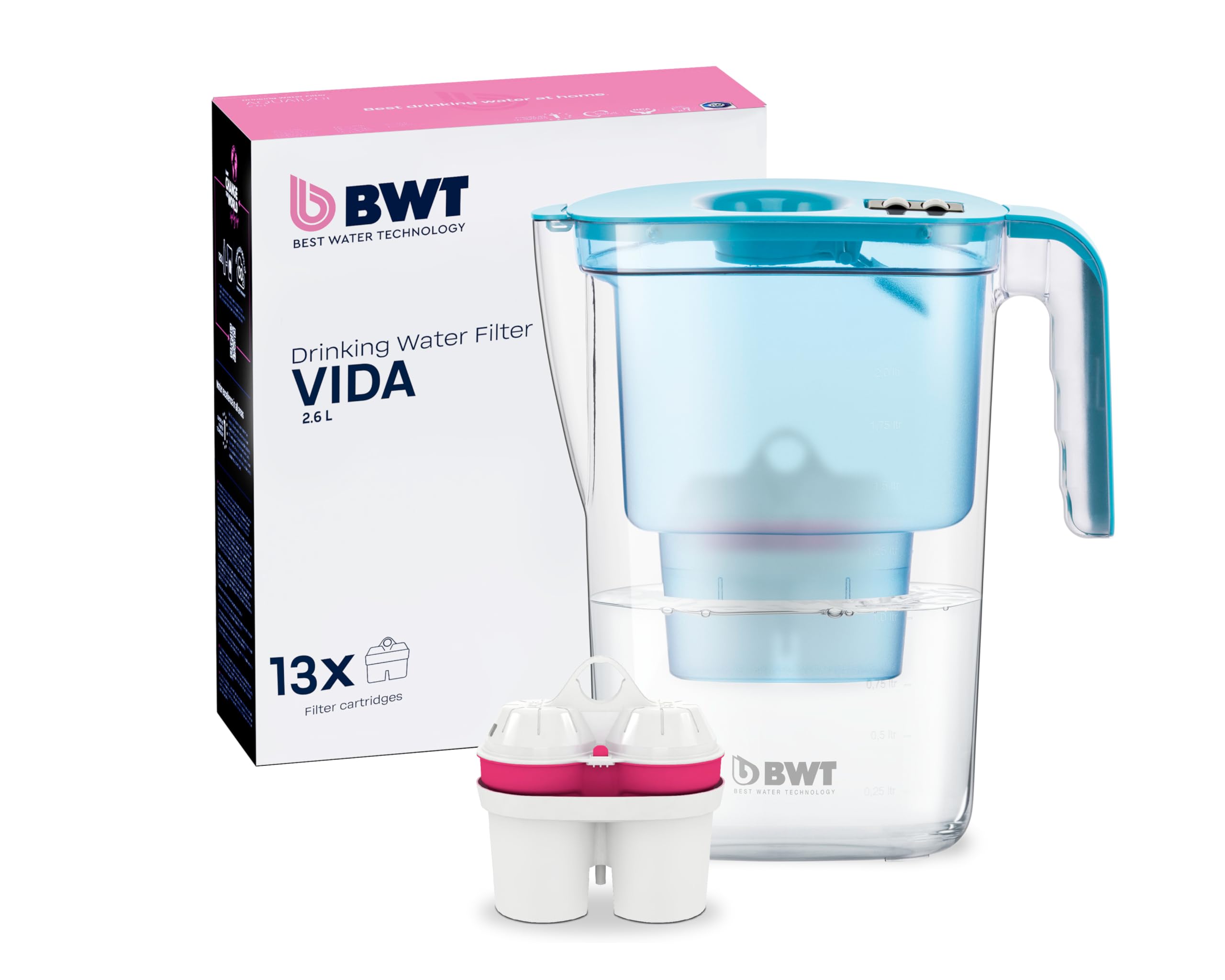 BWT Wasserfilter VIDA Petrol 2,6L inkl. 13 Magnesium Filterkartuschen | Wasserfilter Kartusche, Jahrespaket, Filtert Kalk, Chlor, Blei & Kupfer, Wasserfilter Trinkwasser