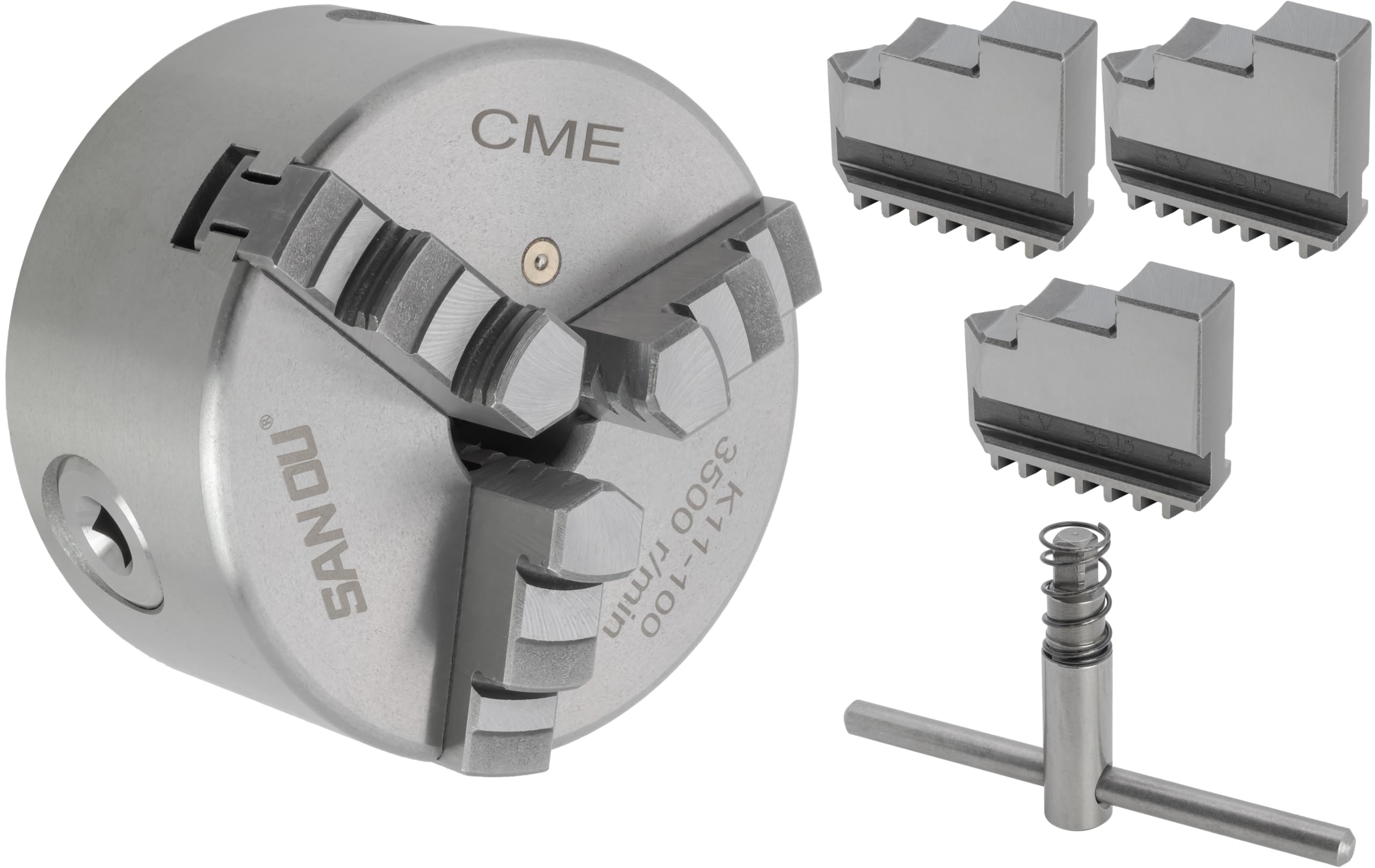 CME 4" 3-Jaw Self-Centering (Scroll) Lathe Chuck, Plain (Flat) Back, Includes Inner and Outer Jaws