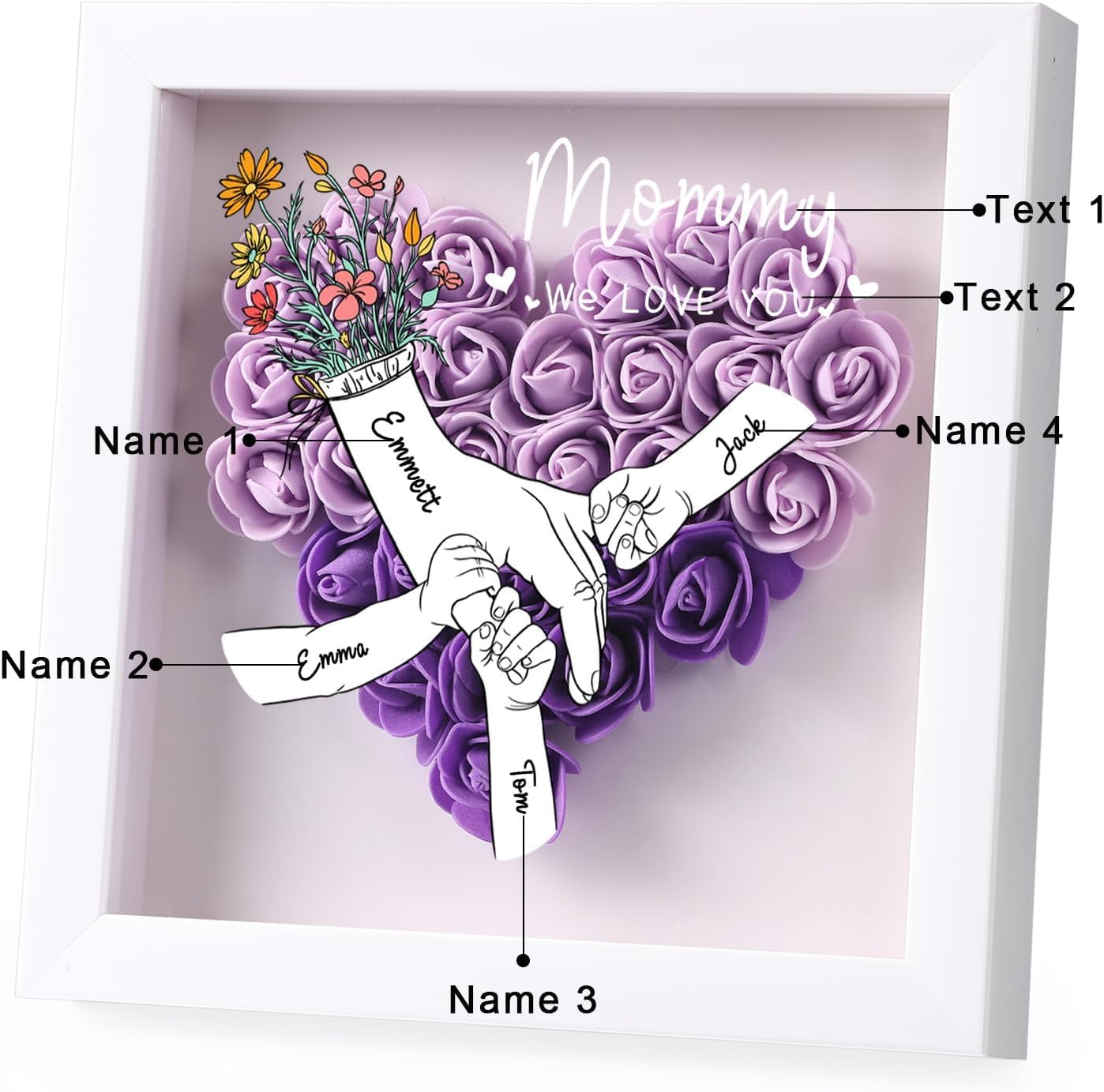 Personalized Rose Flower Shadow Box，with Name，Customized gift box Suitable mothers Day, Valentines Gifts for Mother Women Wife, birthday-Purple roses