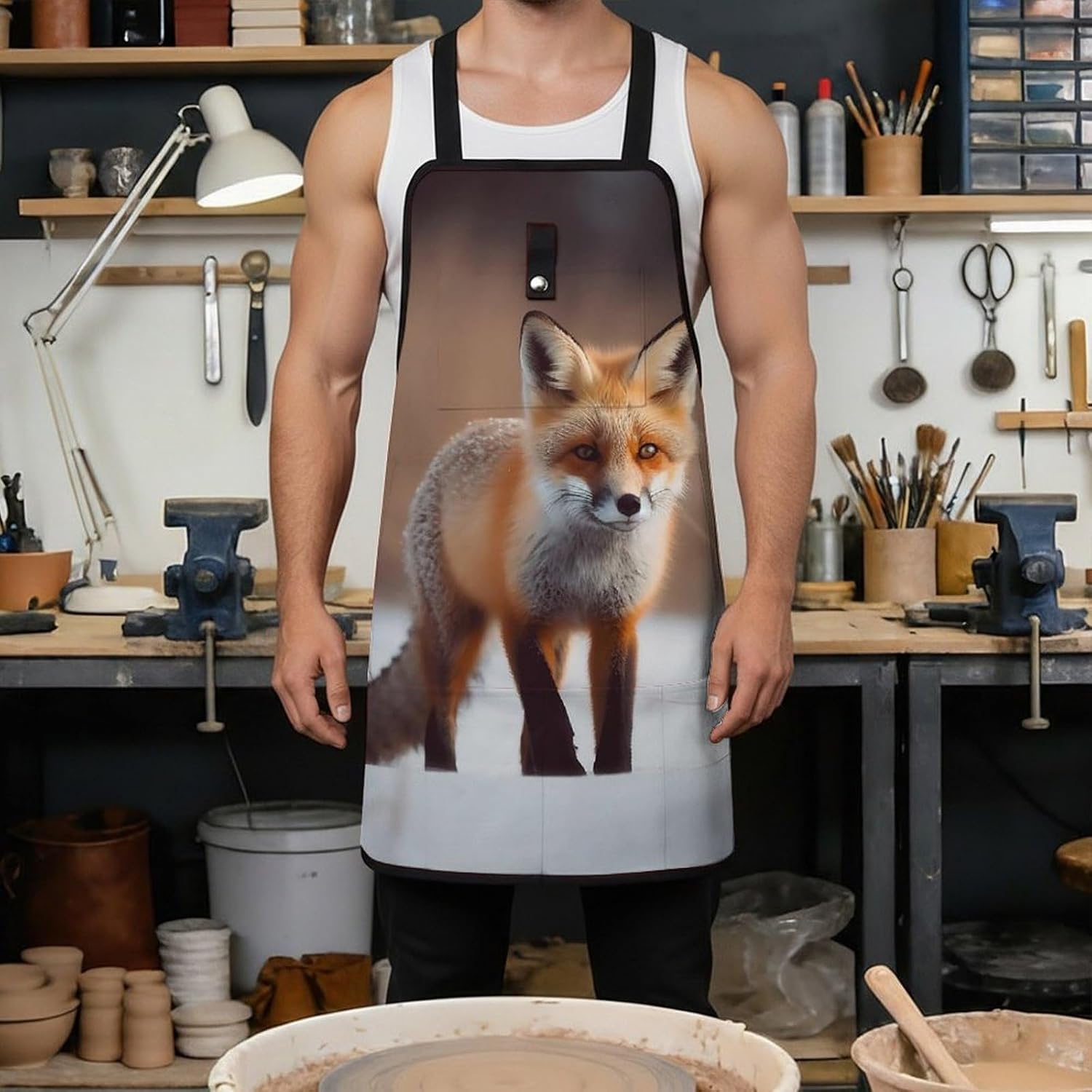 Cute Fox Work Apron with 8 Tool Pockets Fully-Adjustable Cross-Back Carpenter Apron for Workshop Cooking Cleaning Woodworking Gardening Welding & DIY Enthusiasts image 4