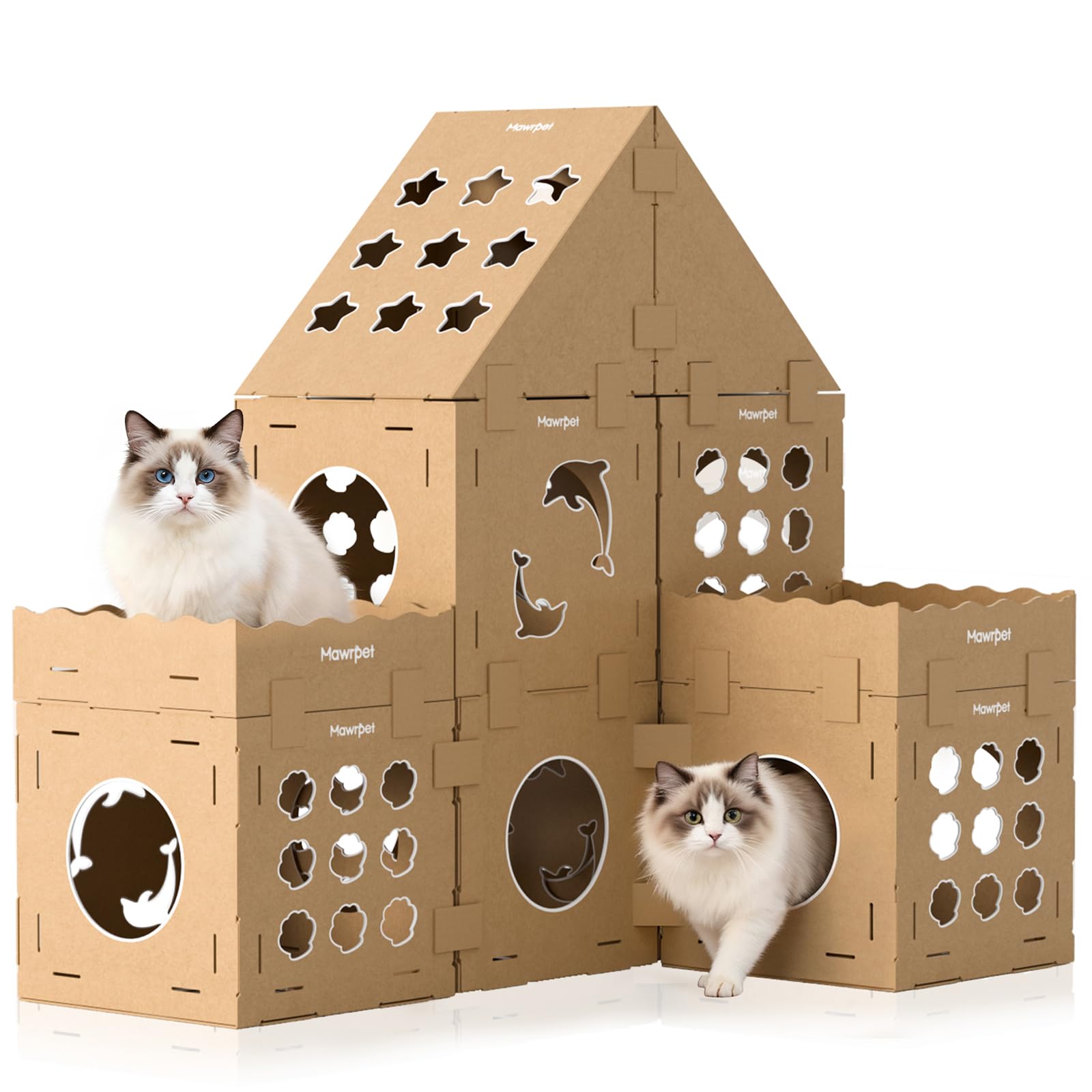 DIY Cat Scratcher Cardboard House, Scratching Cat Play House, a Versatile Box, Indoor Kitty Scratcher Hideout for One or More Cats Brown, Cat Tower Castle Tunnel 10 Parts