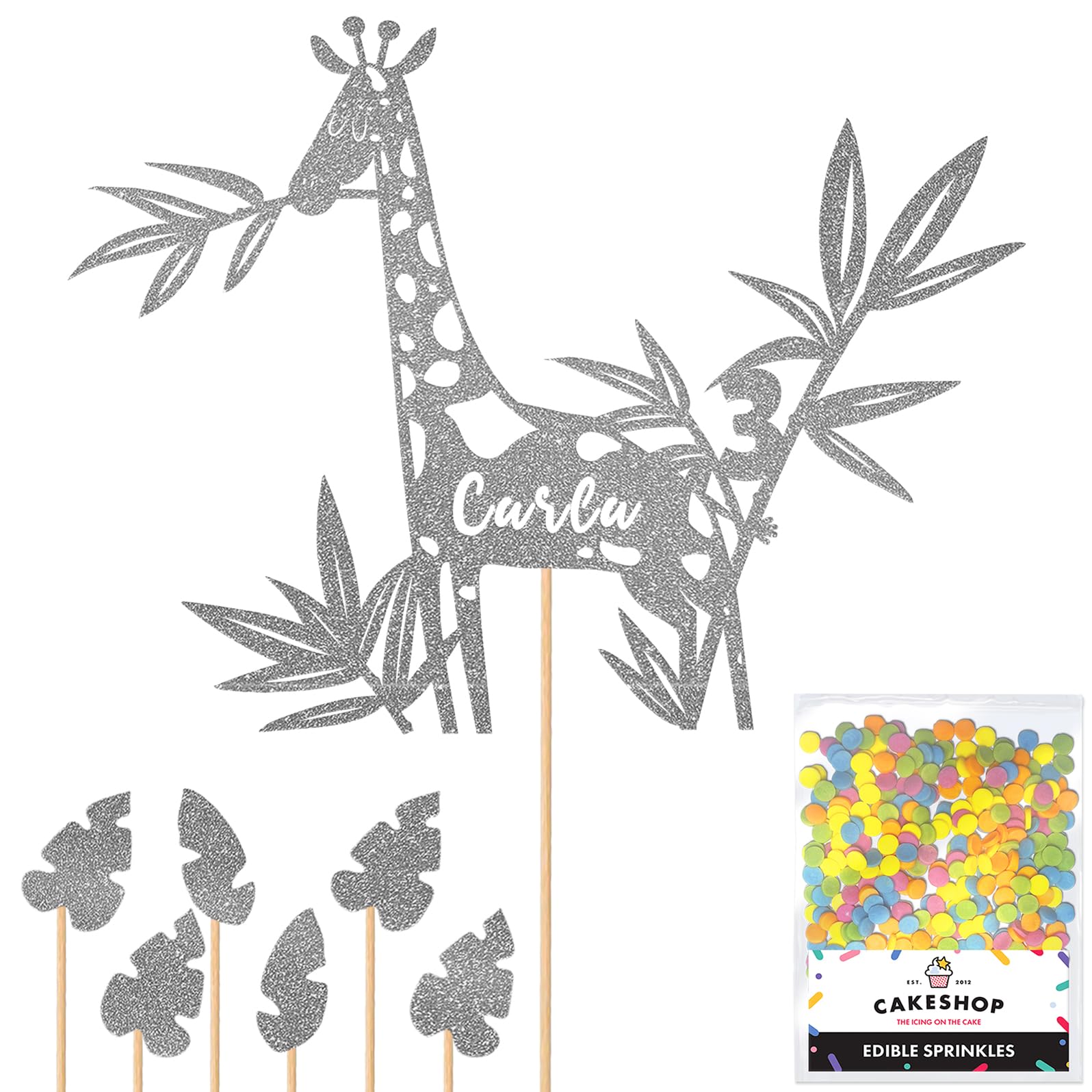 Personalised Jungle Giraffe Glitter Cake Topper Dk Silver Any Custom Age & Name Glitter Cake Decoration and Sprinkles - Happy Birthday Decorations - Personalised Toppers for Cakes by Cakeshop โ image 1