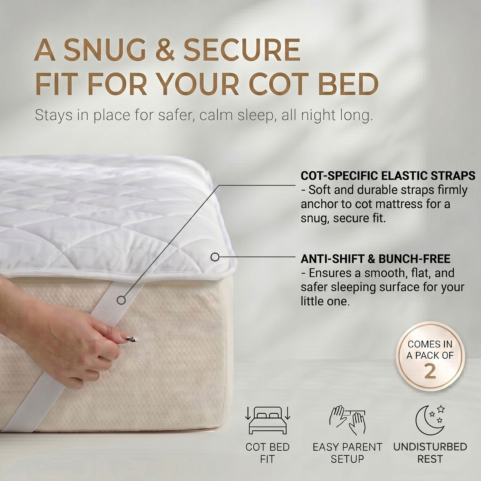HOMESCAPES Cooling Cot Bed Mattress Topper 70x140cm Set of 2 – Cool Touch Breathable Quilted Cot Bed Mattress Pads for Toddler & Child, Corner Straps, Washable, OEKO-TEX® Standard 100 Certified — view 4
