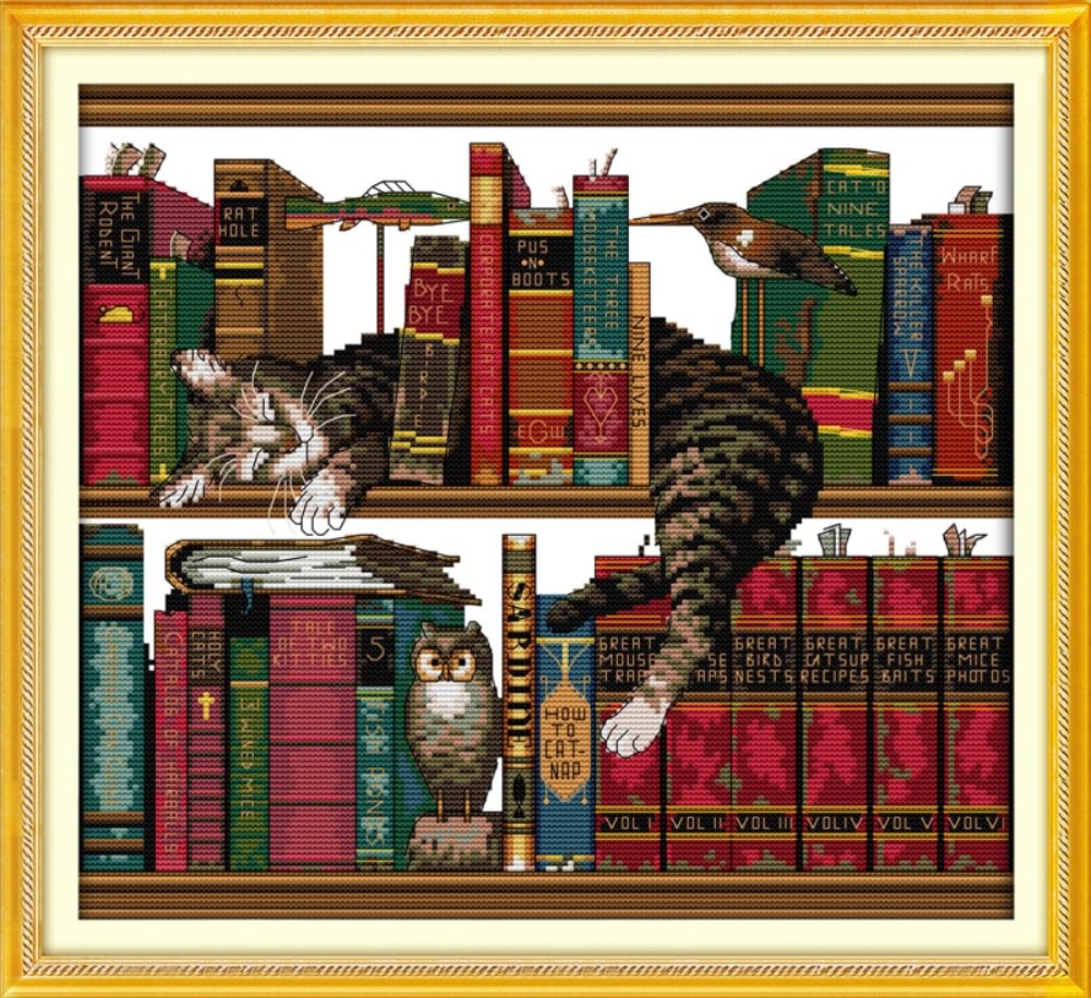 Awesocrafts Cat Cross Stitch Stamped Kits The On The Shelf Easy Patterns Cross Stitching Embroidery Needlework Kit Supplies 14Ct 2 Strands