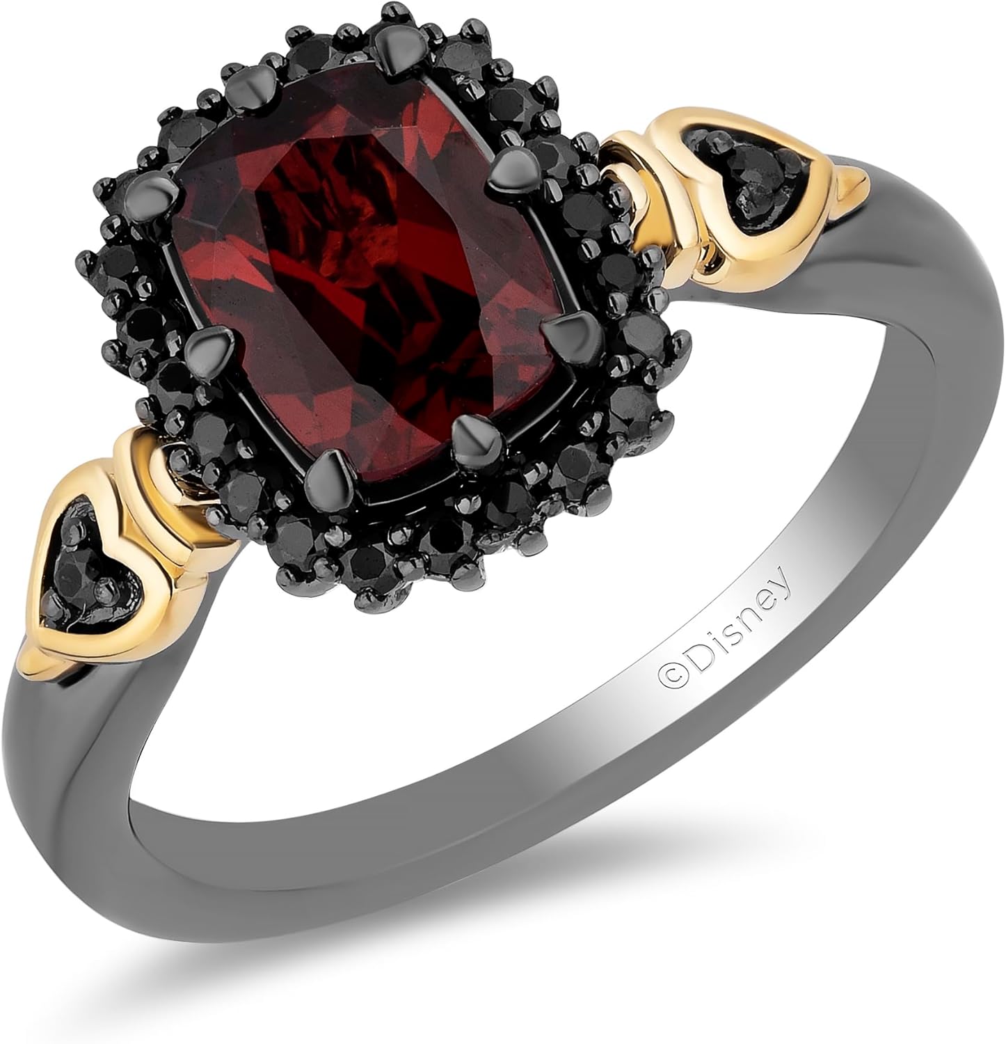 Jewelili Enchanted Disney Fine Jewelry Sterling Silver and 10K Yellow Gold with 1/5 CTTW. Black Diamonds and Garnet Evil Queen Ring