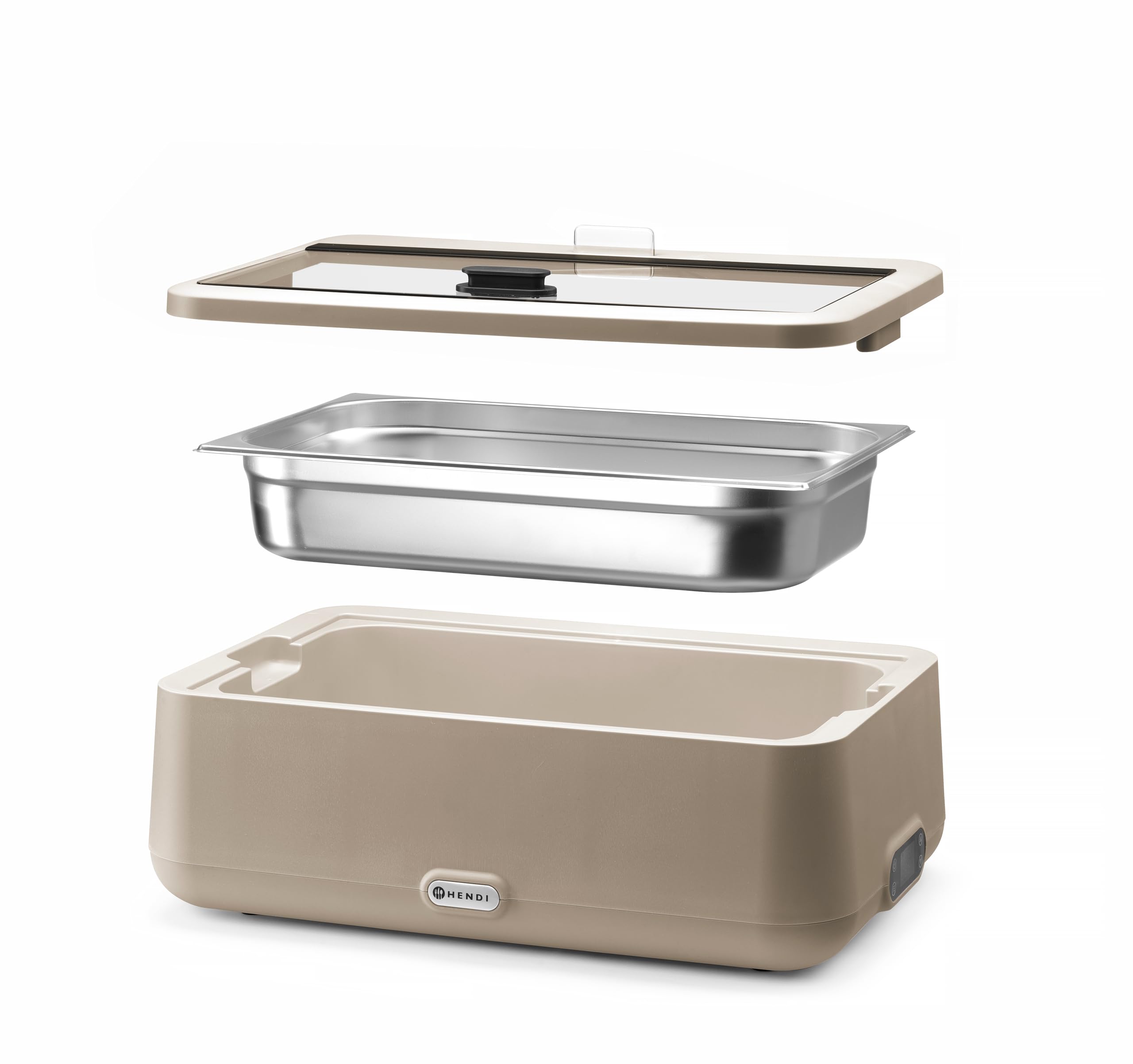 HENDI Chafing Dish Électrique UNIQ, 12,5L, Beige | GN 1/1, aluminium, acier inoxydable, PP et verre trempé, 220–240V/700W, 35–85°C, 607x402x(H)245mm
