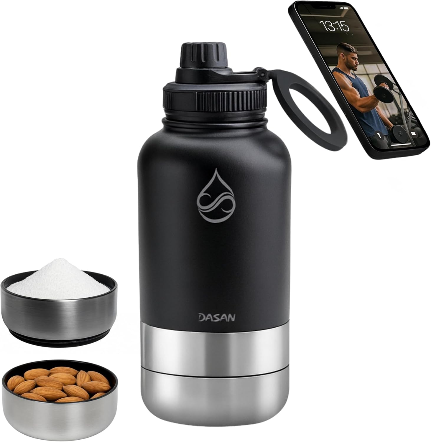 DASAN Magsafe Water Bottle Compatible – Water Bottle With Pill Storage – Insulated Stainless Steel Bottle Magnetic – Leakproof – Keeps Cold 12 H – Perfect for Gifts, Gym, Sports, Work & Travel – 32 oz