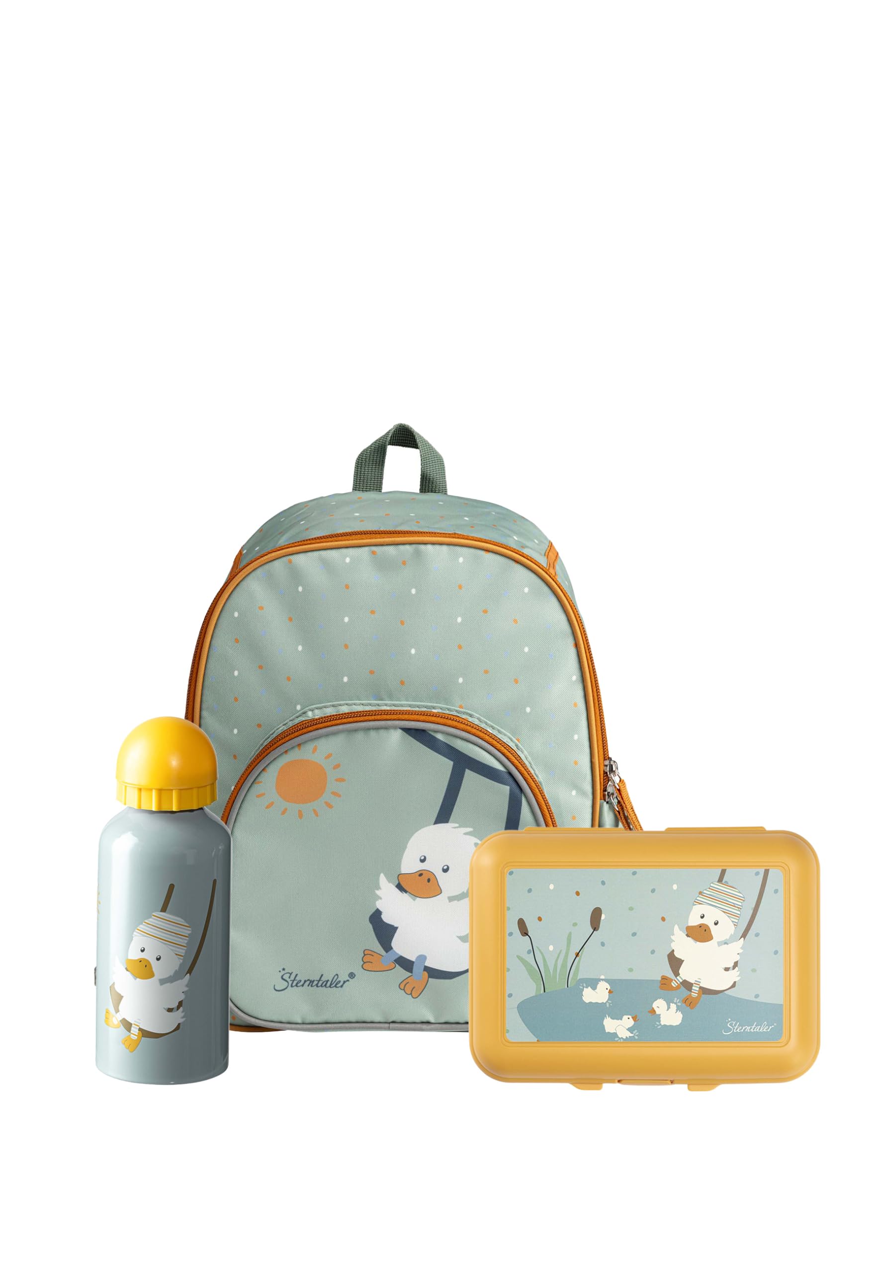 Sterntaler Kindergarten Set Ente Edda – Unisex Set mit Enten-Motiv – Enthält Kinderrucksack, Brotdose und Trinkflasche – Farbe Steingrün