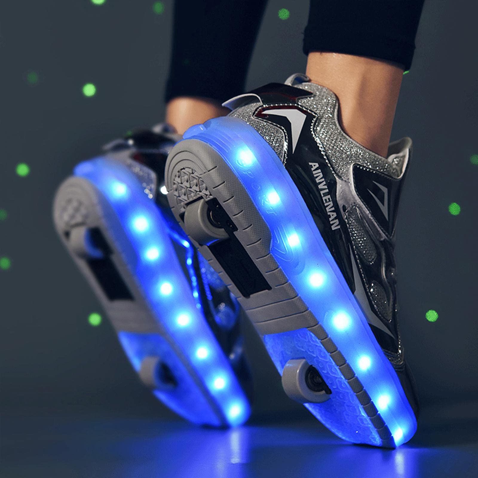 TECDOTO Zapatos de Patines Rueda Doble para Niños y Niñas Monopatín Niños Carga USB LED Intermitente Zapatos de Skate Zapatillas de Skate con Ruedas Rectas Zapatillas Skate Técnicas,Silver-30EU