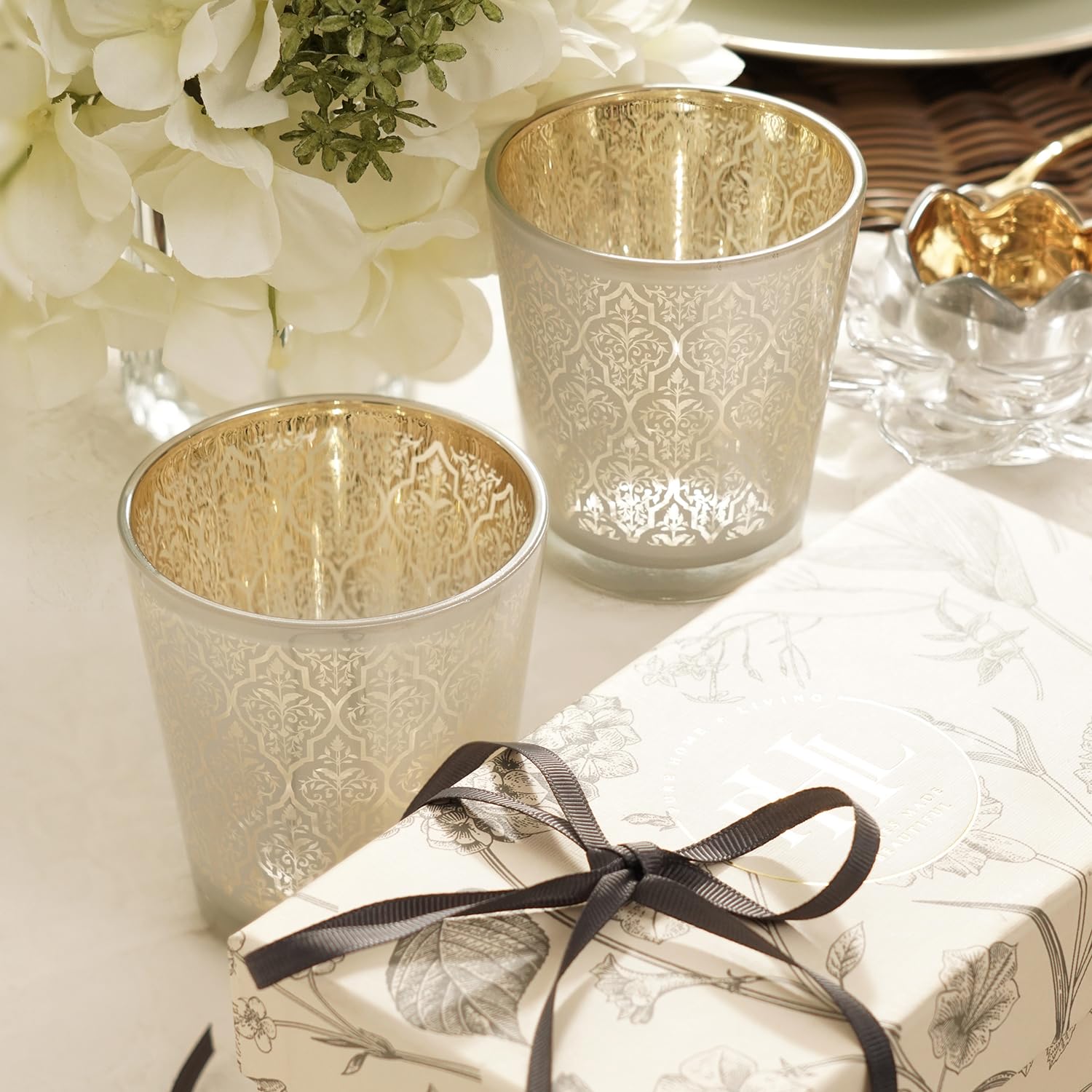 Pure Home + Living Set of 2 Pearl and Gold Patterned Glass Votives - Large-image-47