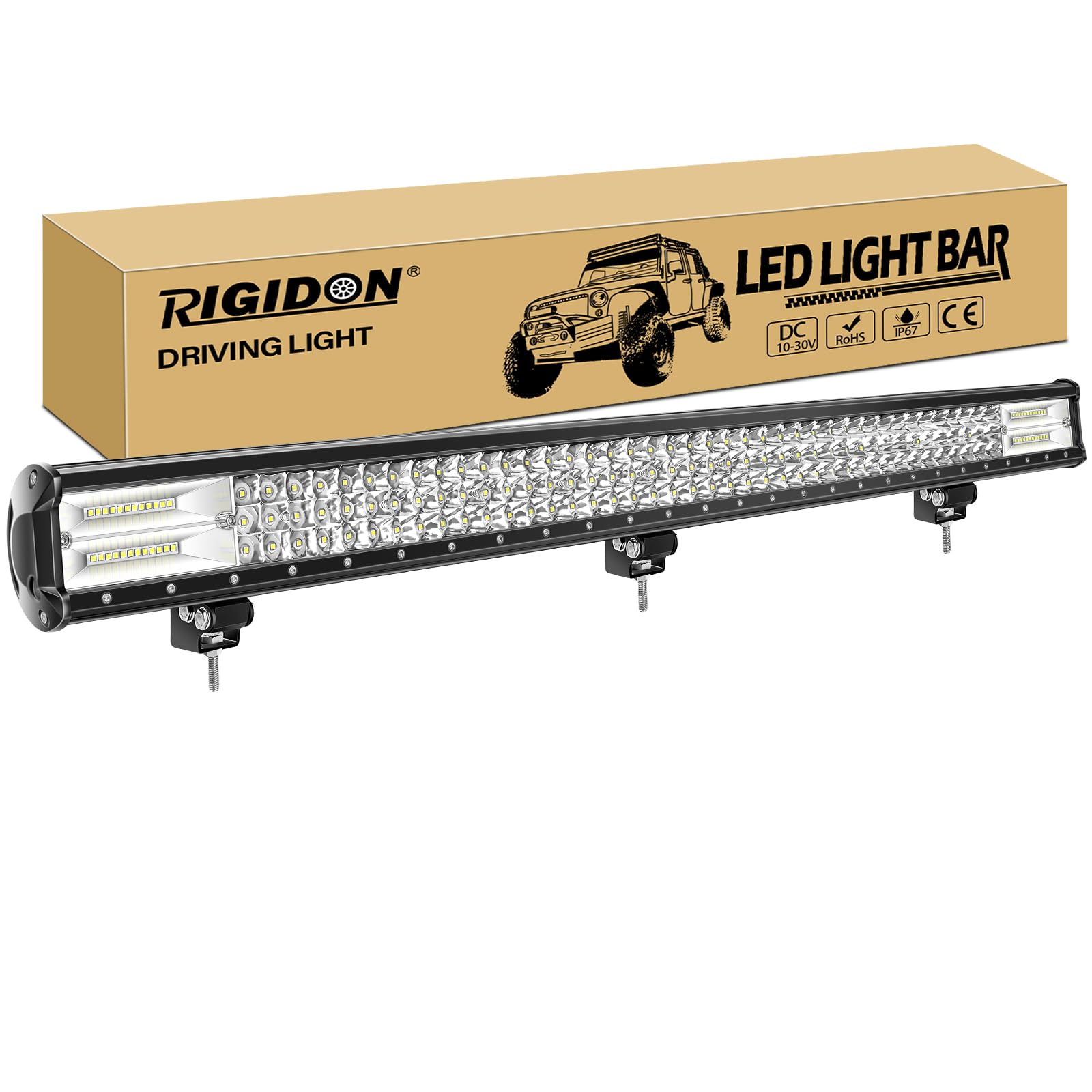 RIGIDON Listwa oświetleniowa LED do jazdy 113 cm 612 W, 7D trójrzędowy 12 V 24 V do samochodów terenowych ciężarówek SUV UTE ATV 4 x 4, wiązka punktowa powodziowa, wodoodporna lampa robocza, 6000 K białe światło przeciwmgielne