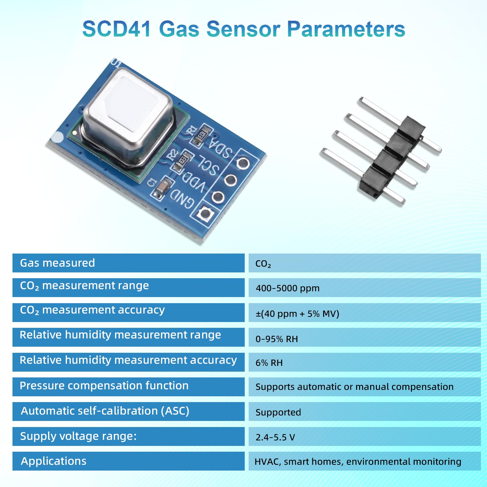SCD41 Módulo Sensor de Gas Binghe SCD41 CO₂ Sensor Módulo Detección de CO₂ Dióxido de Carbono 2-in-1 Temperatura y Humedad 2.4-5.5V 400-5000PPM con Comunicación I²C