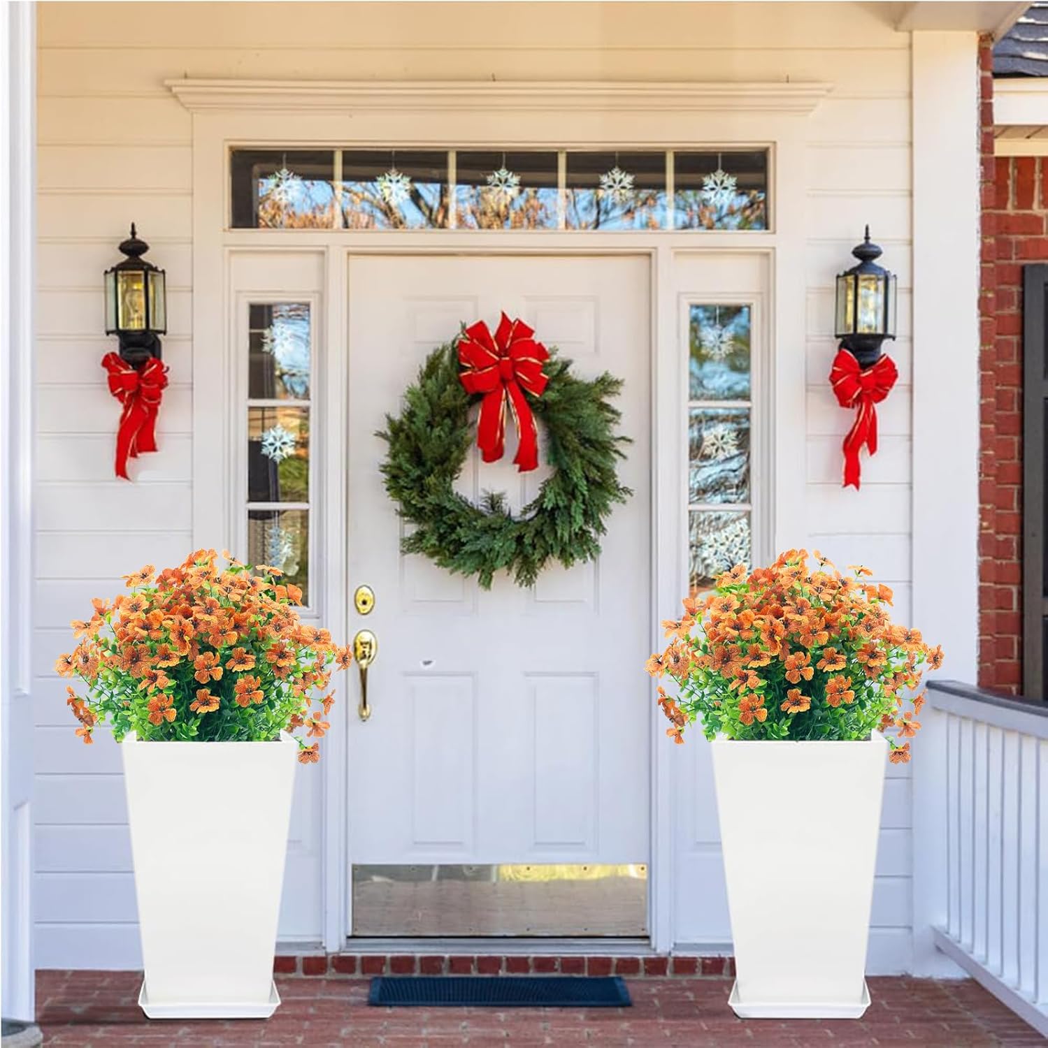 20 Bundles Artificial Fake Outdoor Flowers,UV Resistant Faux Flowers Outdoor Plastic Plants Shrubs for Outside Indoor Decorations (Orange Red)