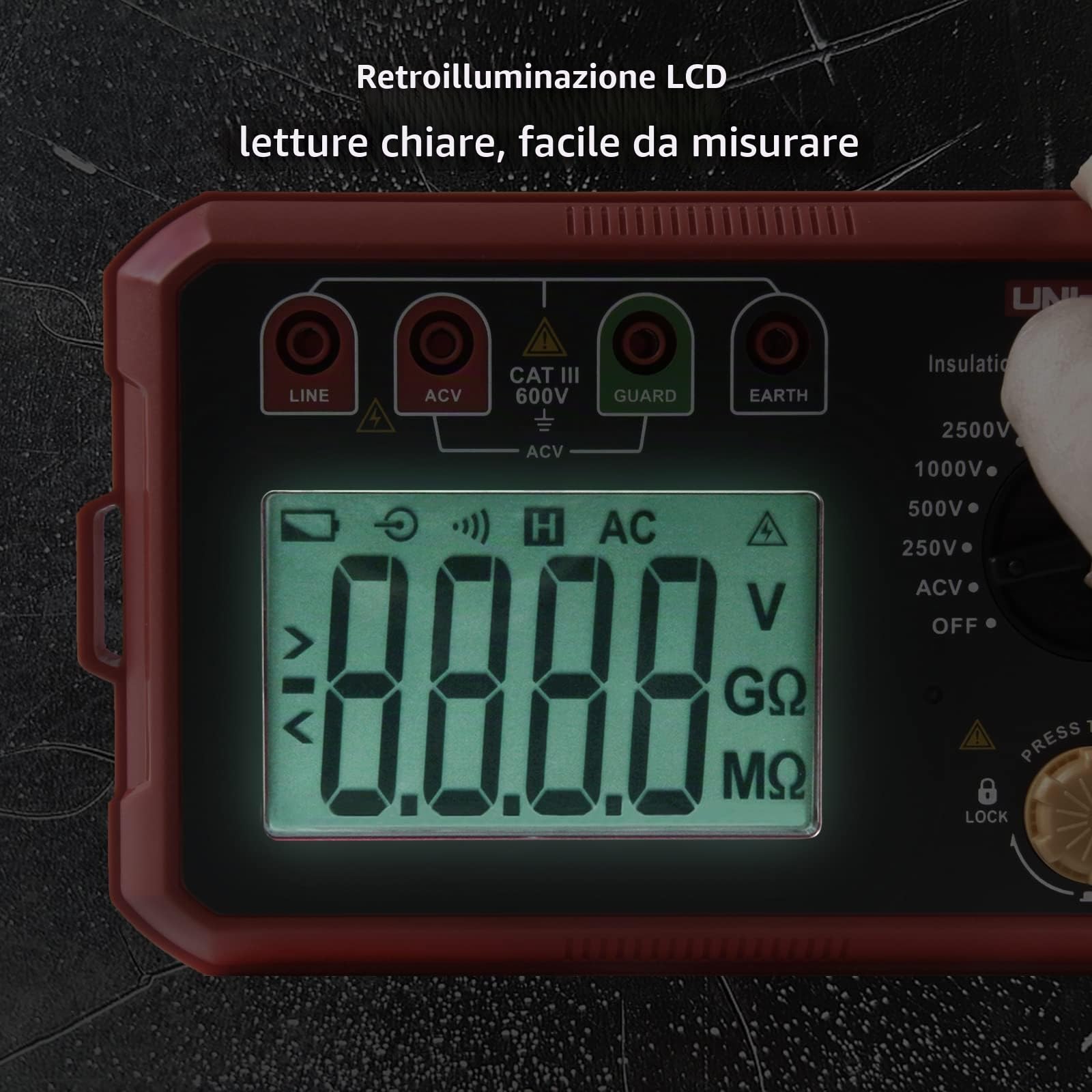 UNI-T UT502C Resistenza di Rsolamento del Display Digitale Intelligente 2500V 20.0GΩ, Gamma Automatica del Tester di Isolamento Dell'interruttore del Motore Megaohmmetro con Retroilluminazione