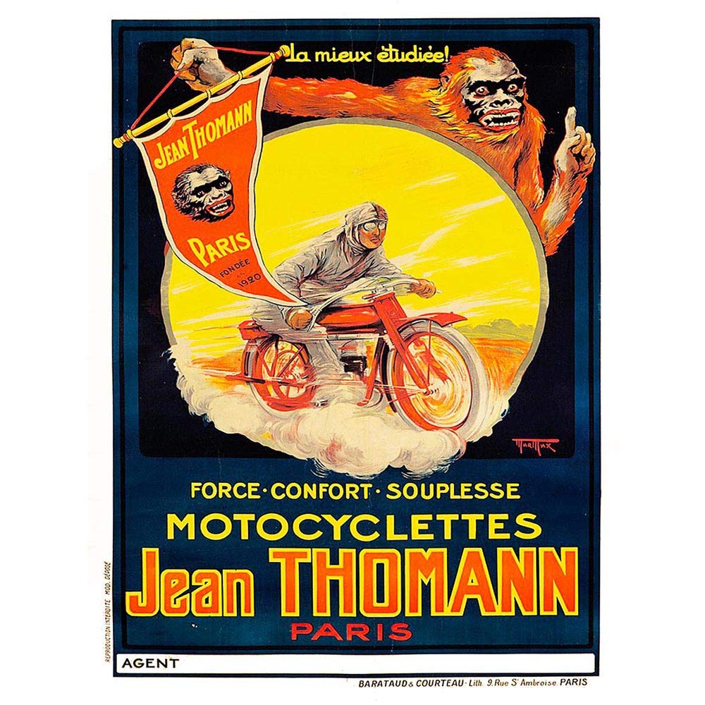 Wee Blue CooAdvert Transport Thomann Motorcycle Bike France Monkey Art Print Poster Wall Decor 12X16 Inch