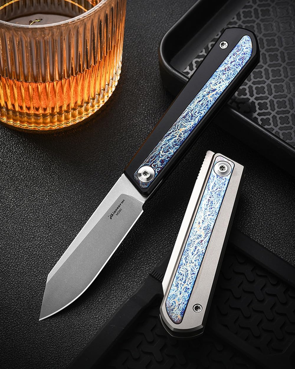 PioneerEDC MT038 Folding Knife, 2.76" Reverse Tanto M390 Blade, TC4 Titanium Handles with Anodized Lighting Titanium Inlay (Grey)
