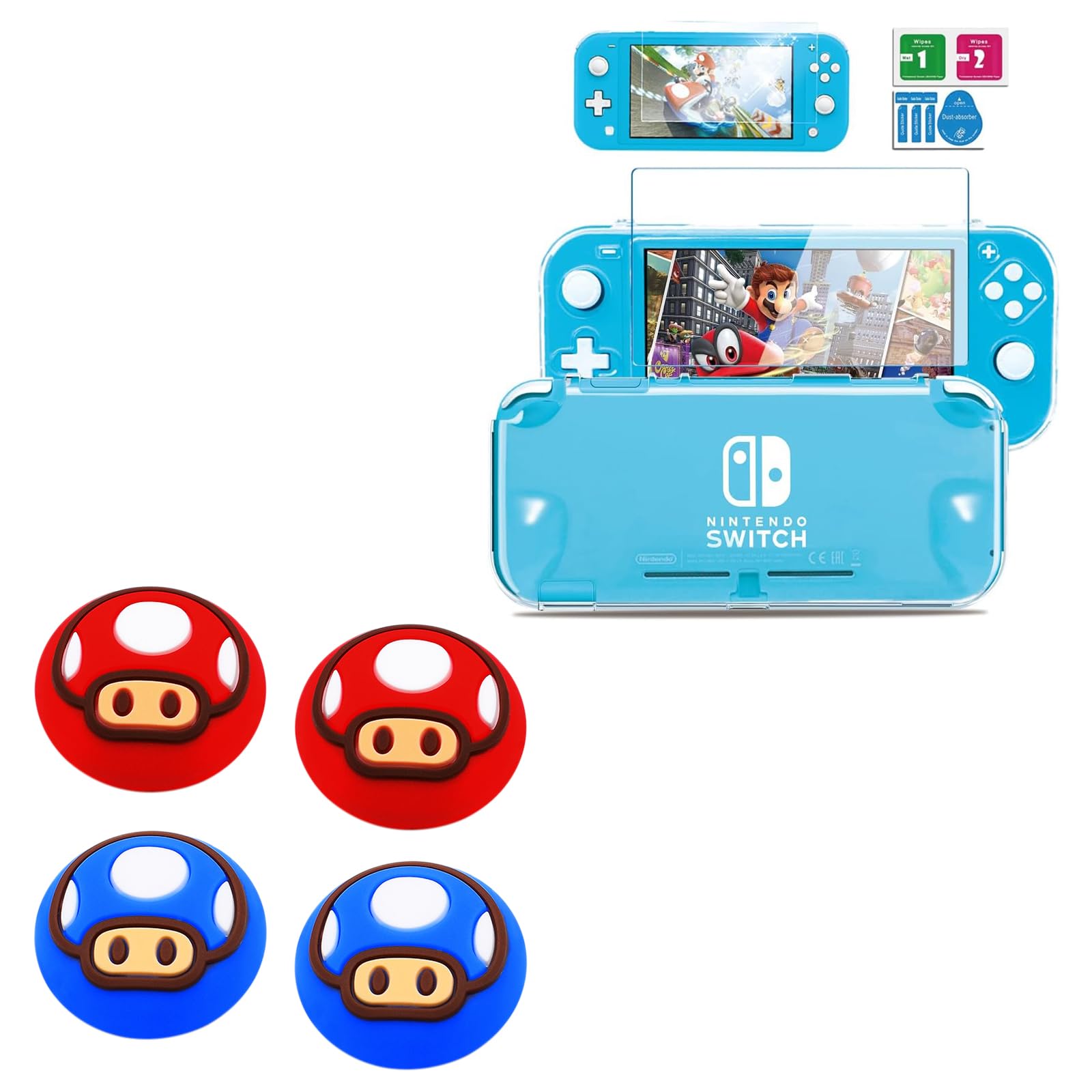 Switch Lite Protective Case Transparent with HD Tempered Screen Protector and 4 PCS Switch Lite Thumb Grips Caps